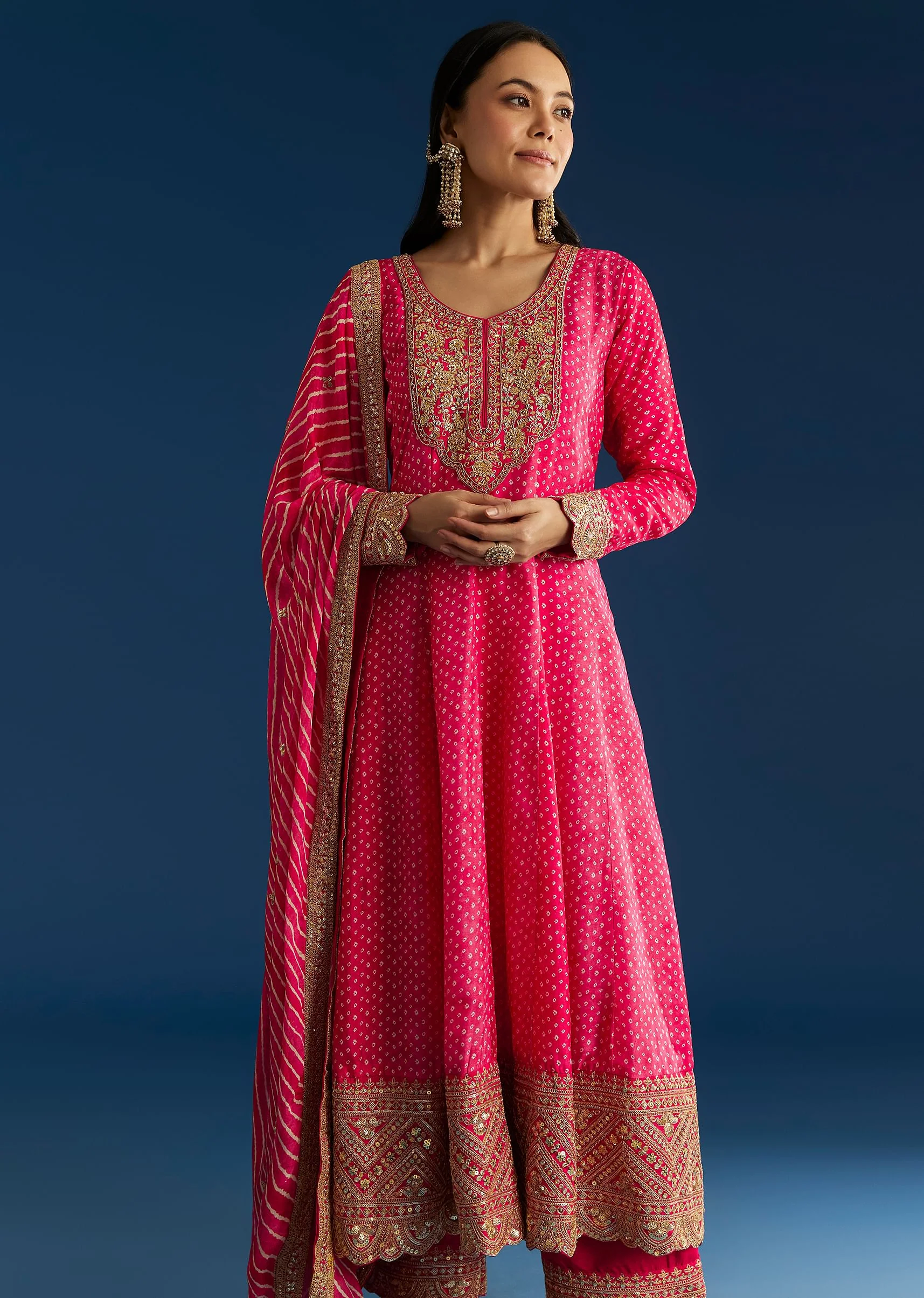 Pink Russian Silk Bandhani Anarkali With Leheriya Dupatta - Image 4