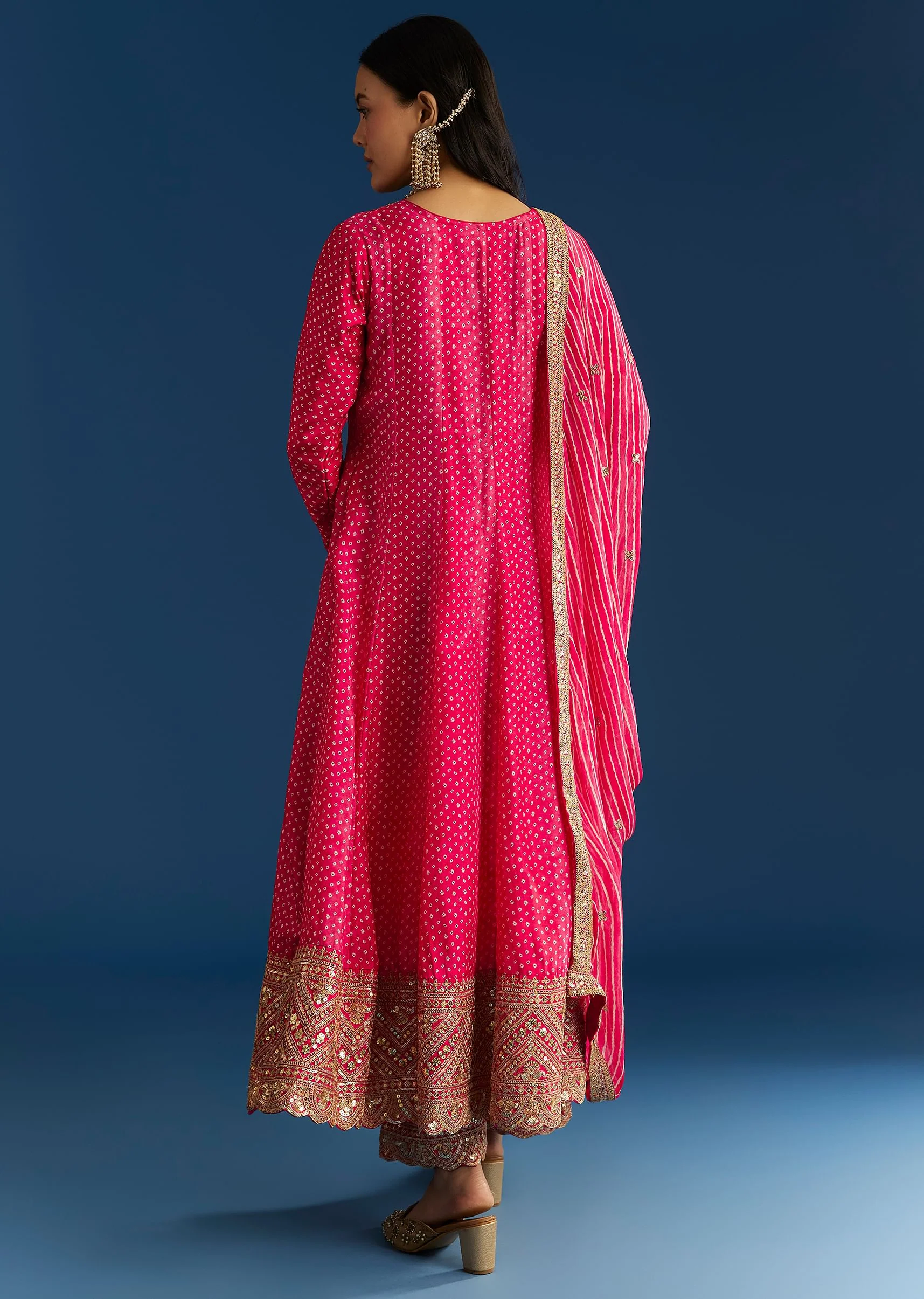 Pink Russian Silk Bandhani Anarkali With Leheriya Dupatta - Image 5