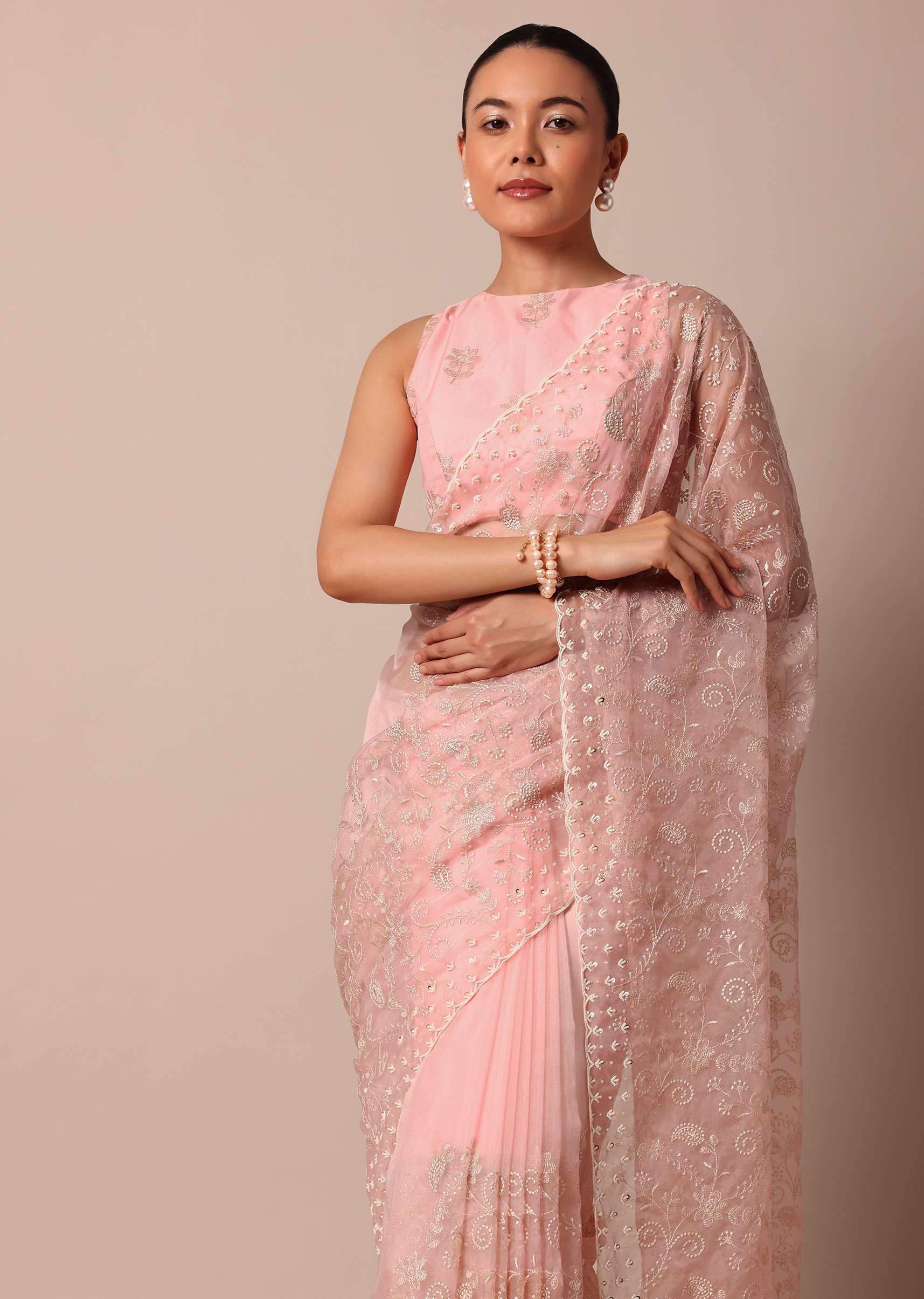 Pink Saree In Organza Silk With Chikankari Floral Work And Unstitched Blouse Fabric - Image 2