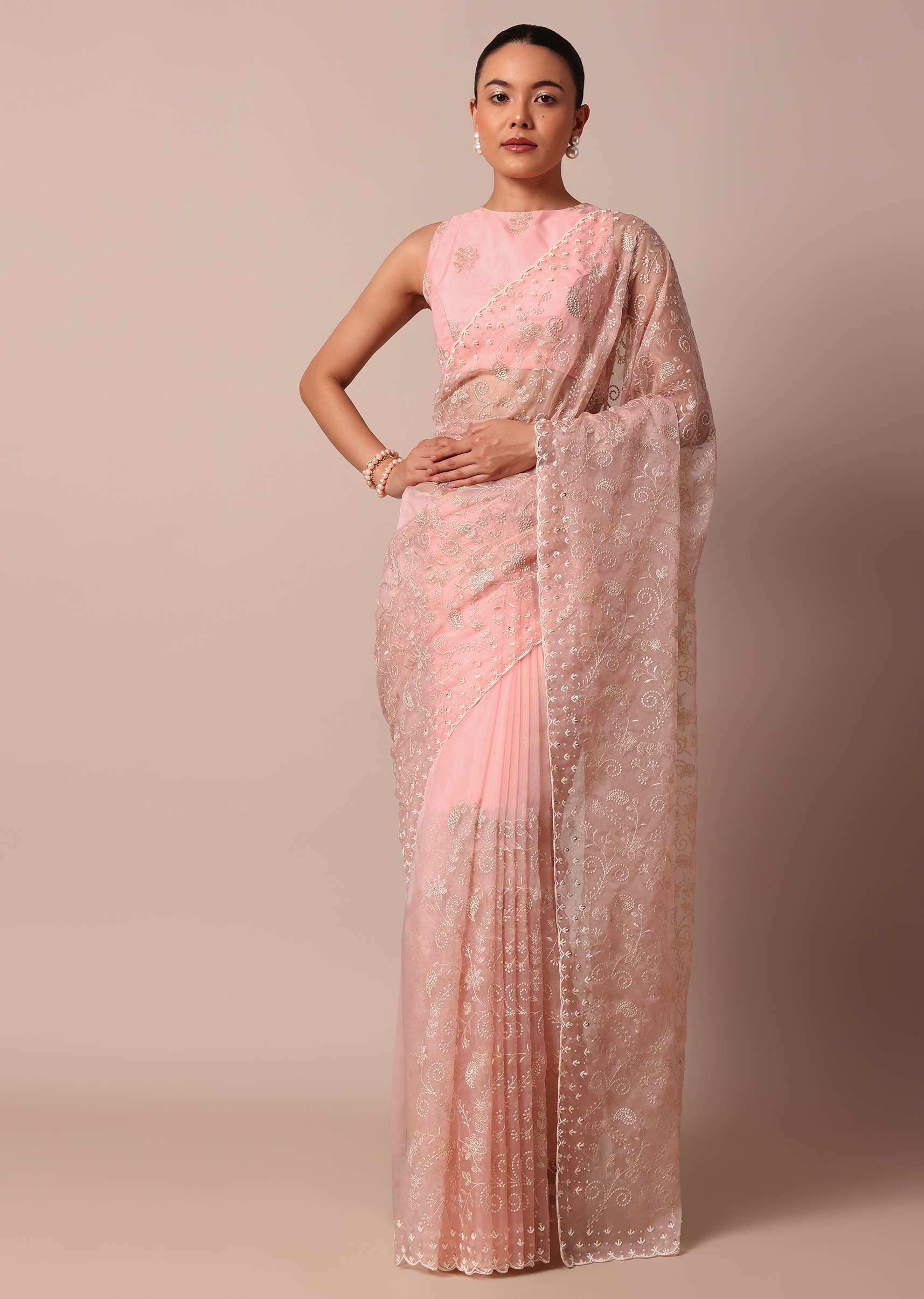 Pink Saree In Organza Silk With Chikankari Floral Work And Unstitched Blouse Fabric - Image 3