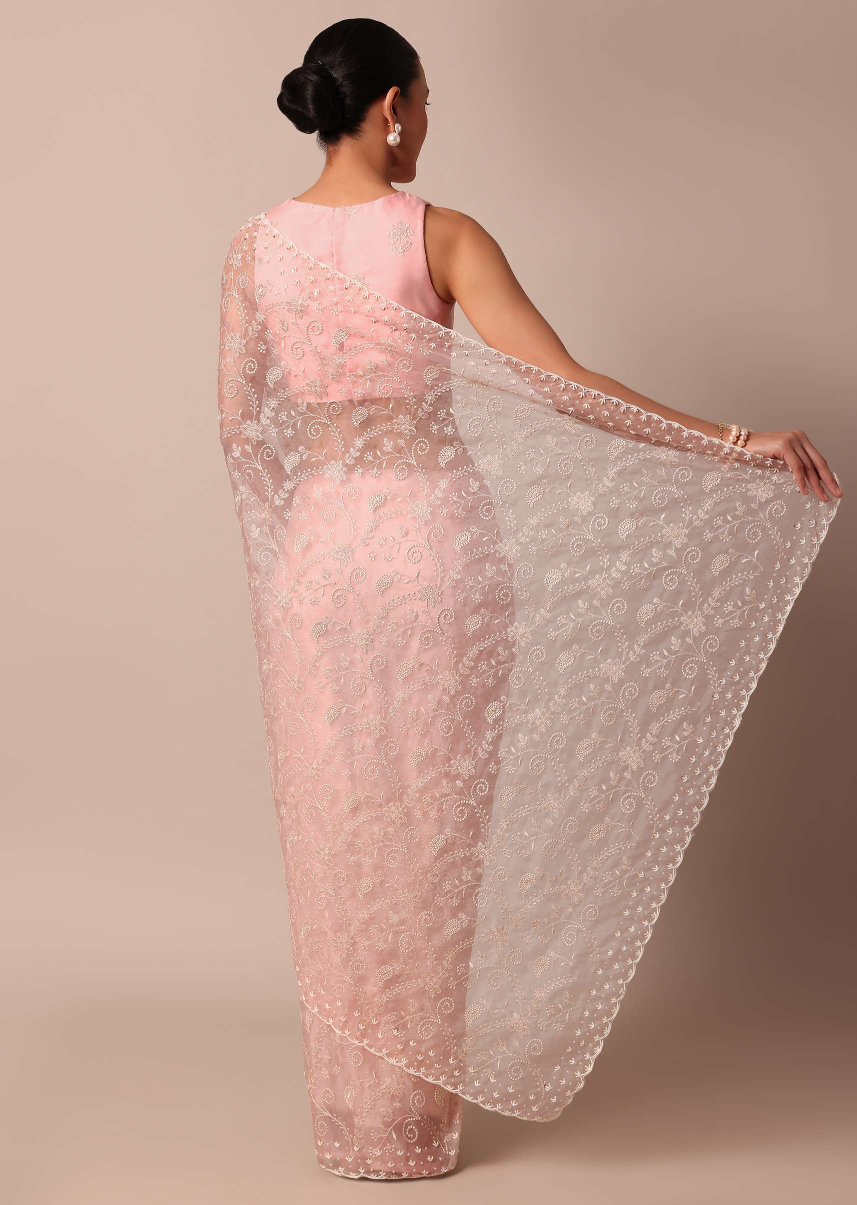 Pink Saree In Organza Silk With Chikankari Floral Work And Unstitched Blouse Fabric - Image 4