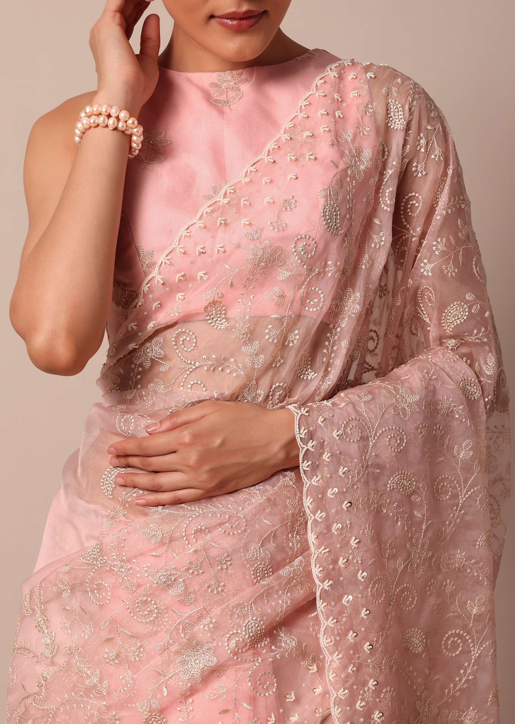 Pink Saree In Organza Silk With Chikankari Floral Work And Unstitched Blouse Fabric - Image 5