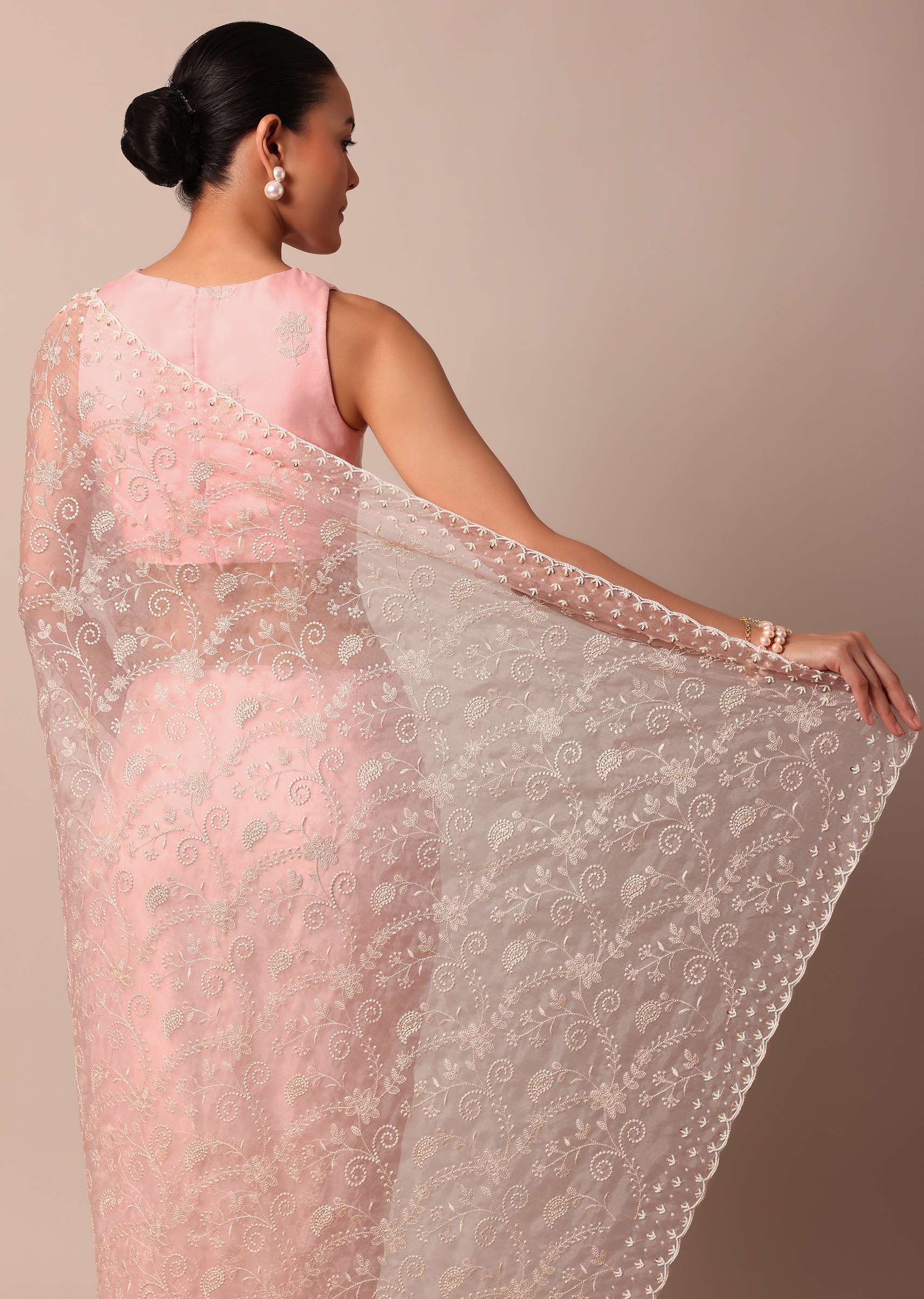 Pink Saree In Organza Silk With Chikankari Floral Work And Unstitched Blouse Fabric - Image 6