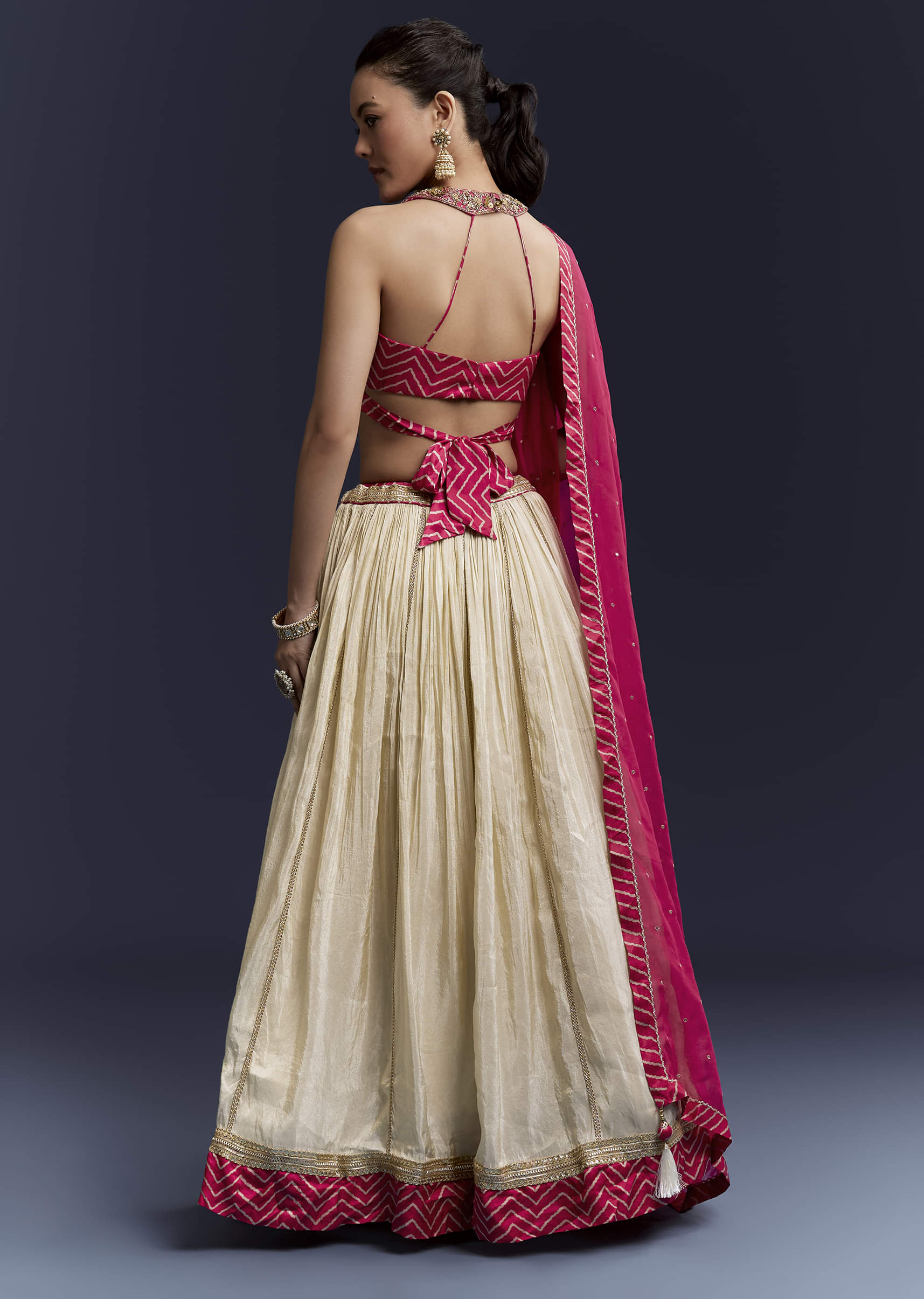 Pink Satin Bridesmaid Lehenga With Hand Dyed Chevron Print Choli - Image 2