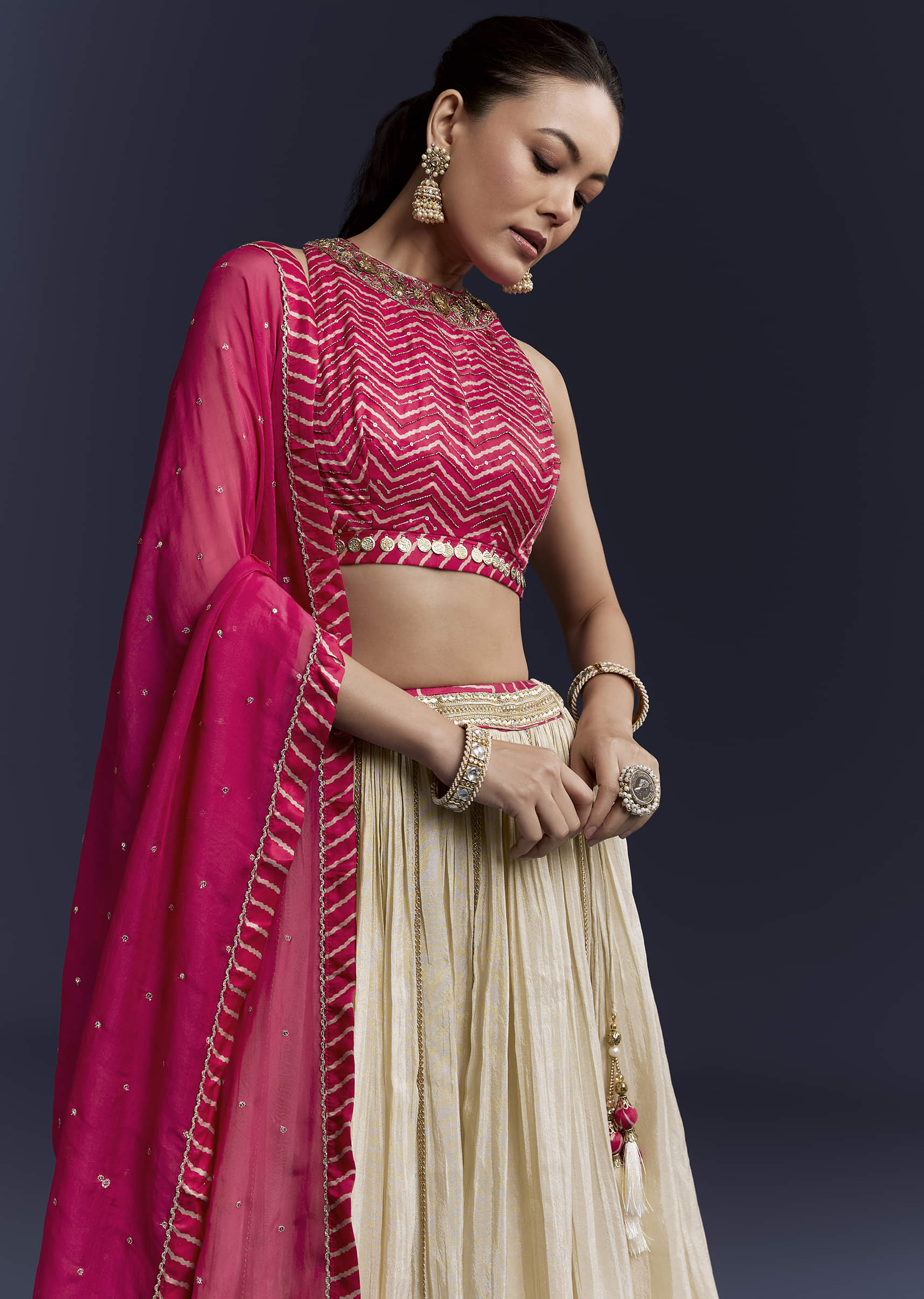 Pink Satin Bridesmaid Lehenga With Hand Dyed Chevron Print Choli - Image 5