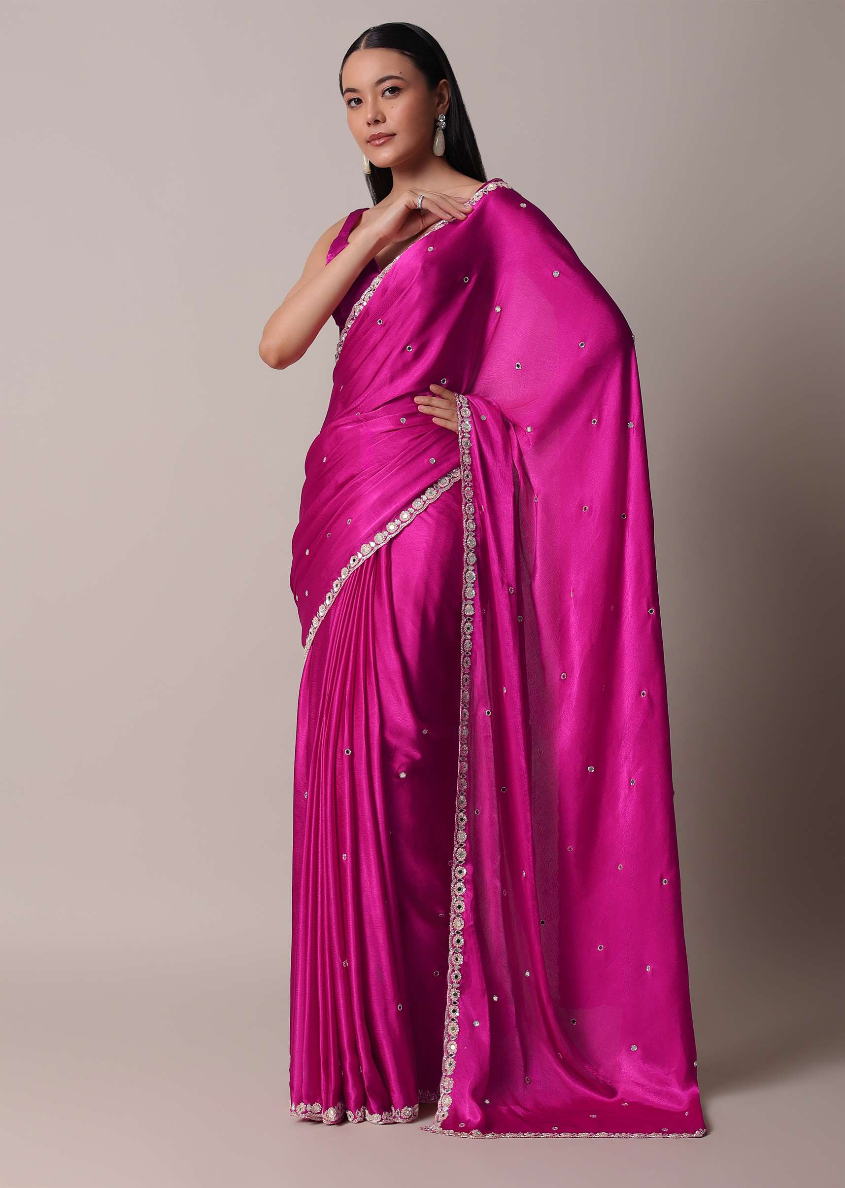 Pink Satin Chinon Saree With Floral Motif Scallop Border And Unstitched Blouse Piece - Image 3