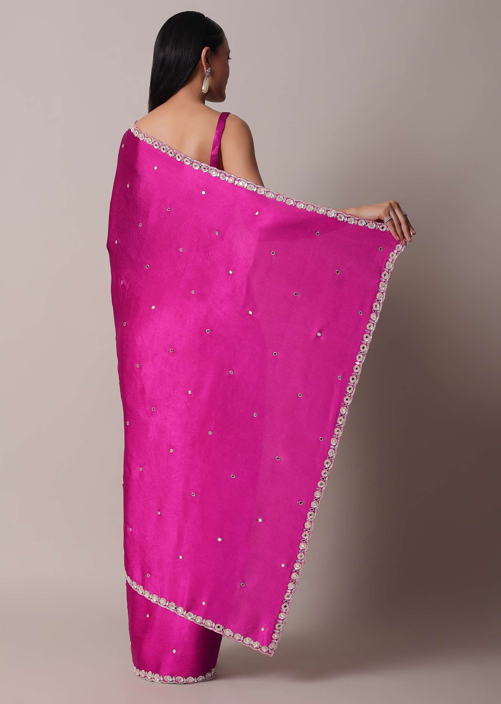 Pink Satin Chinon Saree With Floral Motif Scallop Border And Unstitched Blouse Piece - Image 4