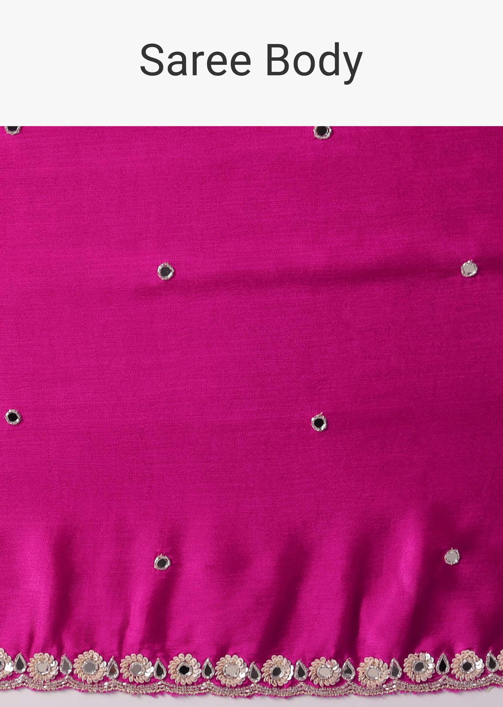 Pink Satin Chinon Saree With Floral Motif Scallop Border And Unstitched Blouse Piece - Image 9