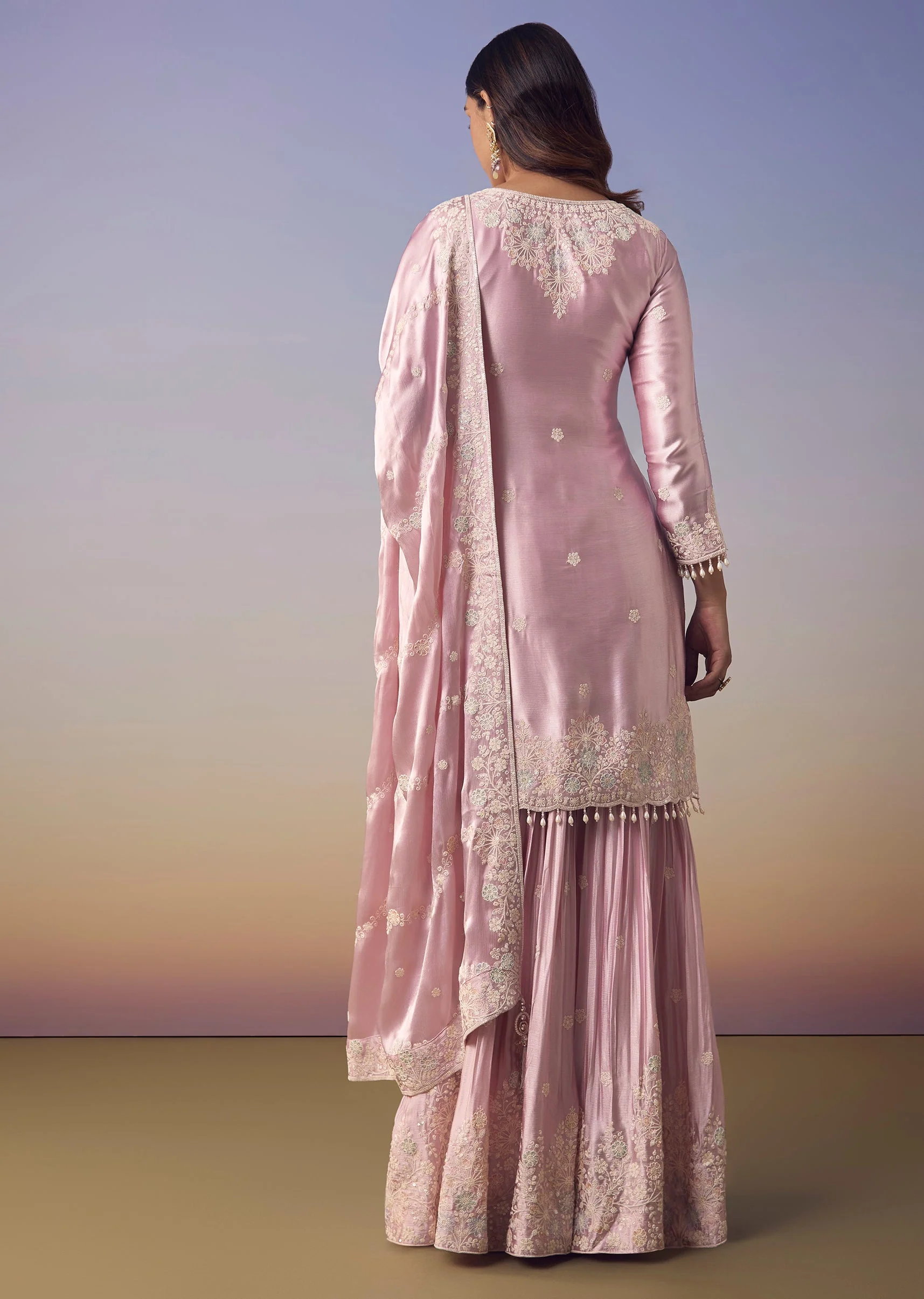 Pink Satin Embroidered Kurta Palazzo Set - Image 5