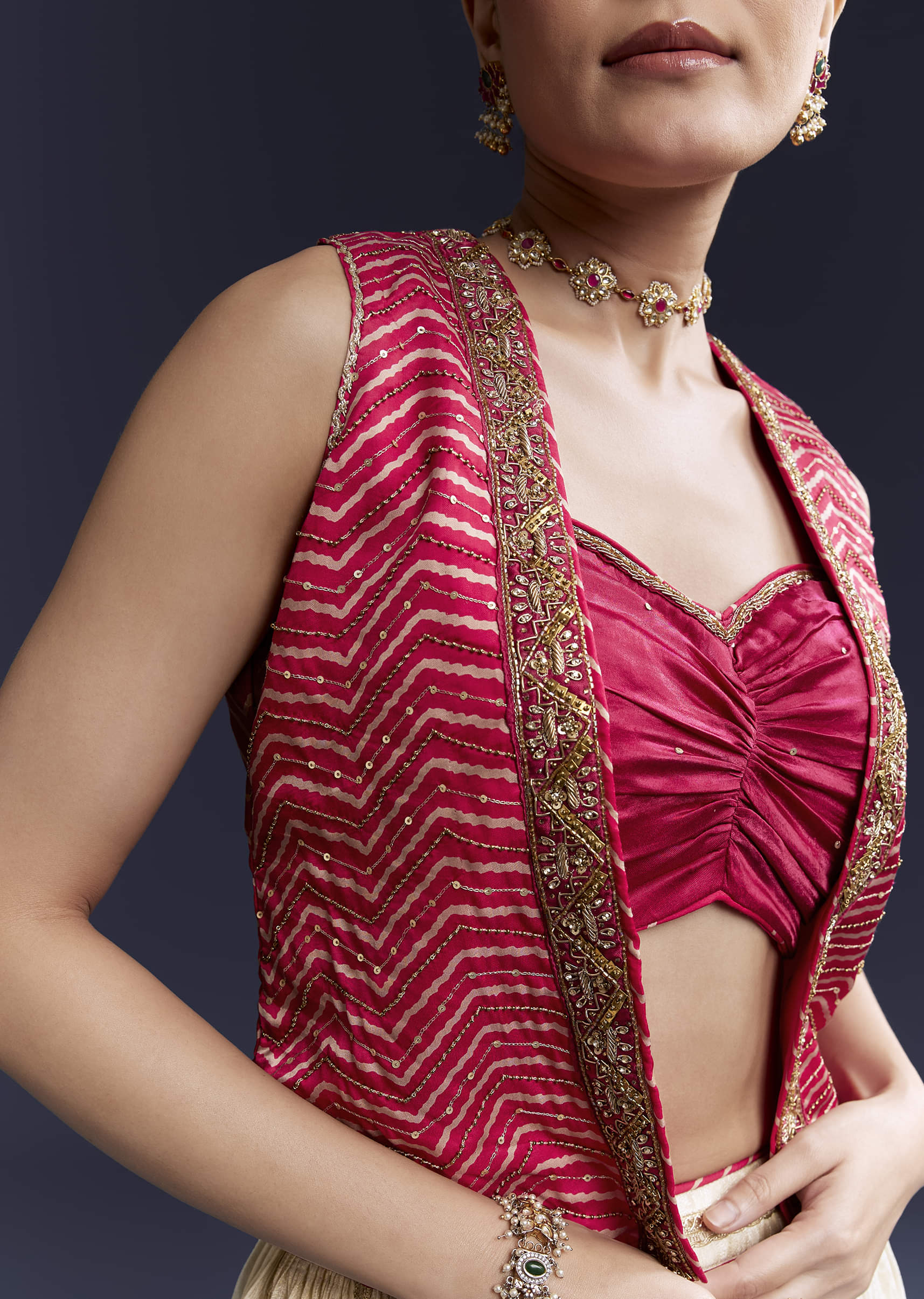 Pink Satin Festive Lehenga With Hand Dyed Chevron Print Jacket - Image 3