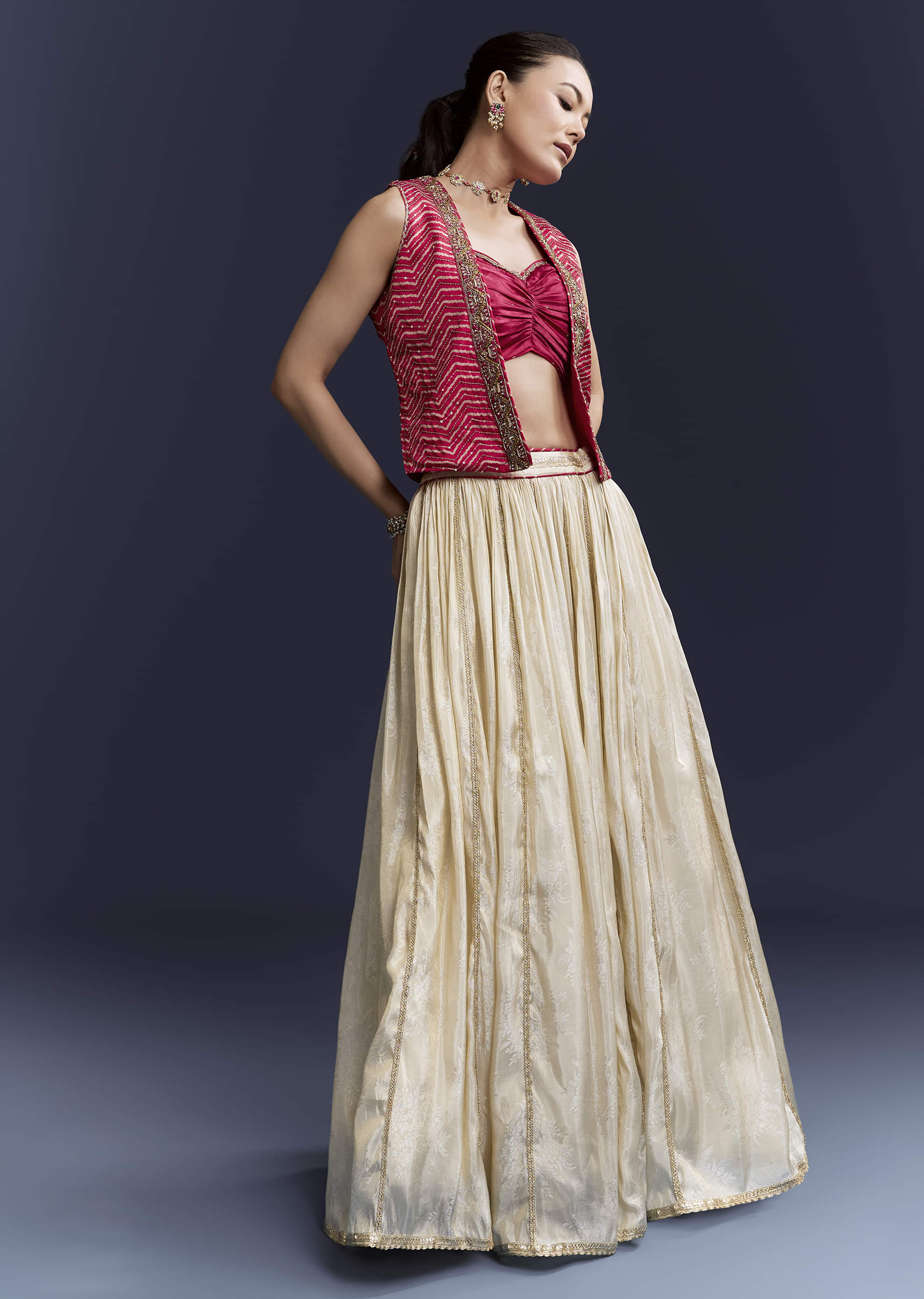 Pink Satin Festive Lehenga With Hand Dyed Chevron Print Jacket - Image 4