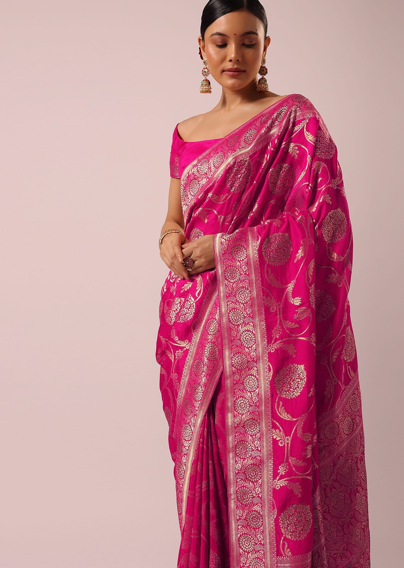 Pink Satin Organza Saree With Floral Jaal Weave - Image 2