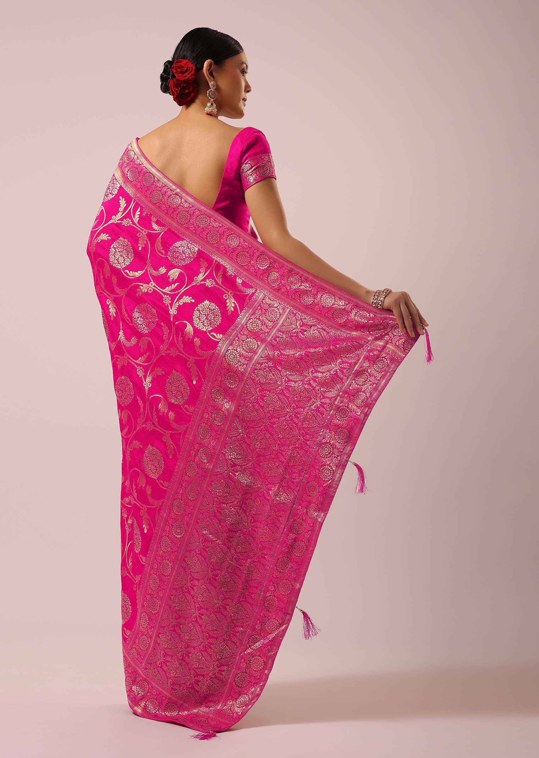Pink Satin Organza Saree With Floral Jaal Weave - Image 4