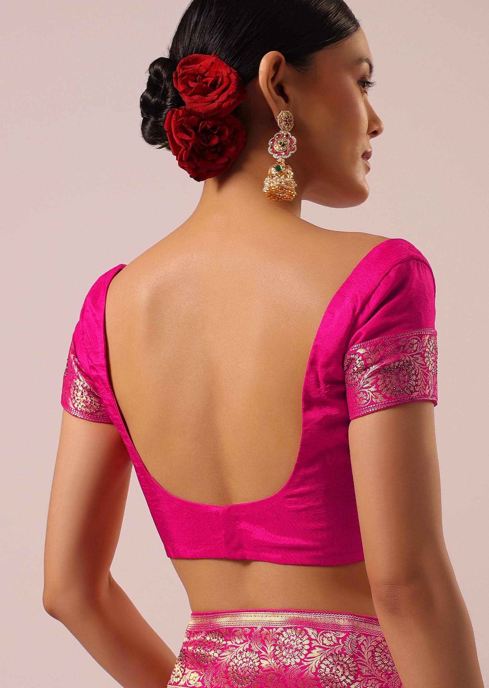 Pink Satin Organza Saree With Floral Jaal Weave - Image 7