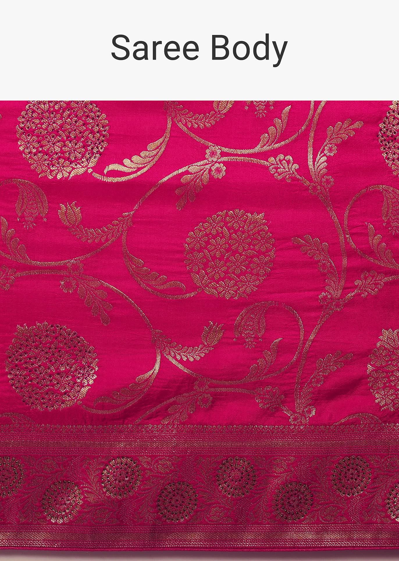 Pink Satin Organza Saree With Floral Jaal Weave - Image 8