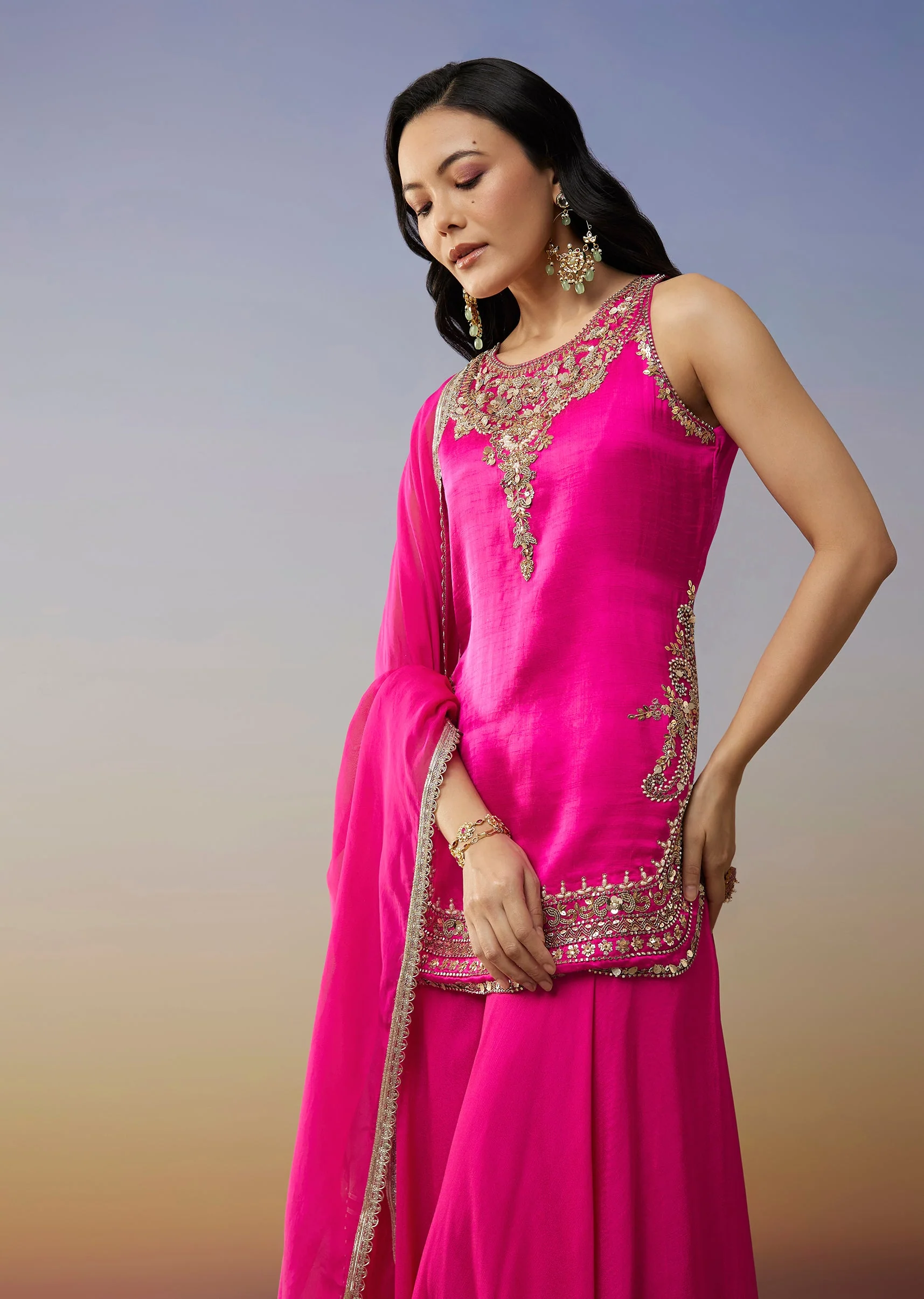Pink Satin Palazzo Suit with Beads Sequins Work - Image 4
