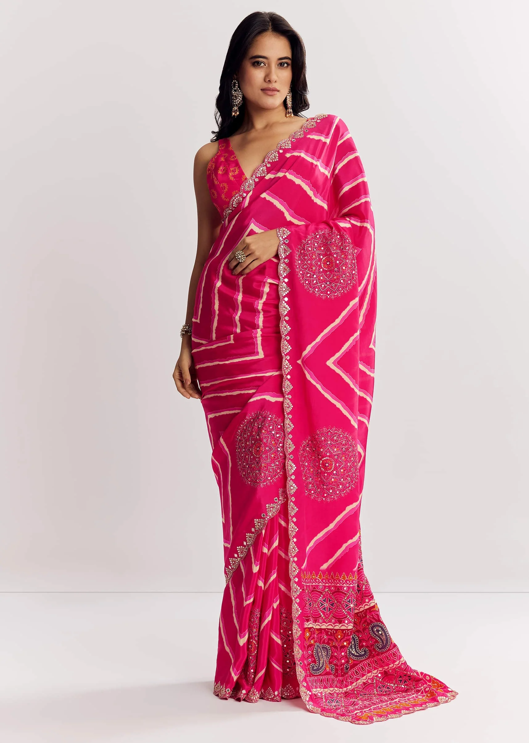 Pink Satin Saree With Gota And Mirror Embroidery - Image 3