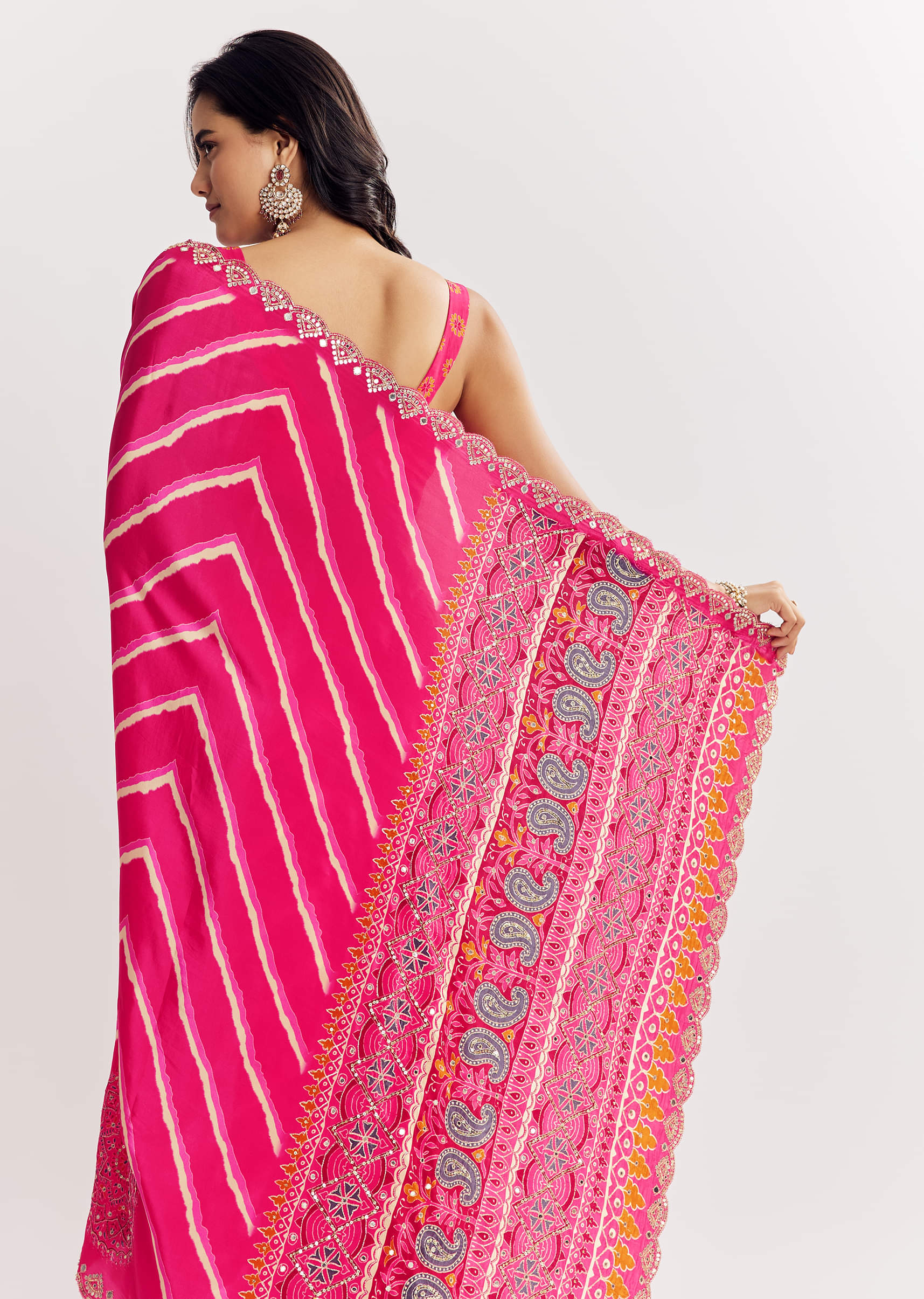 Pink Satin Saree With Gota And Mirror Embroidery - Image 7