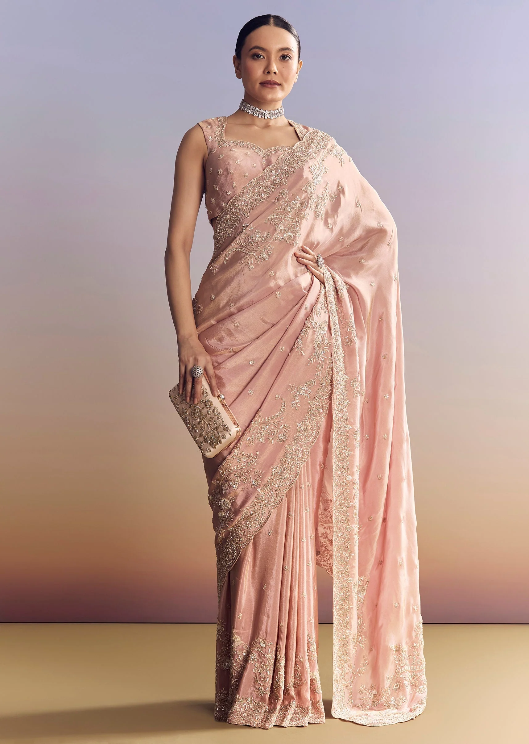 Pink Satin Saree With Scalloped Embroidery - Image 2