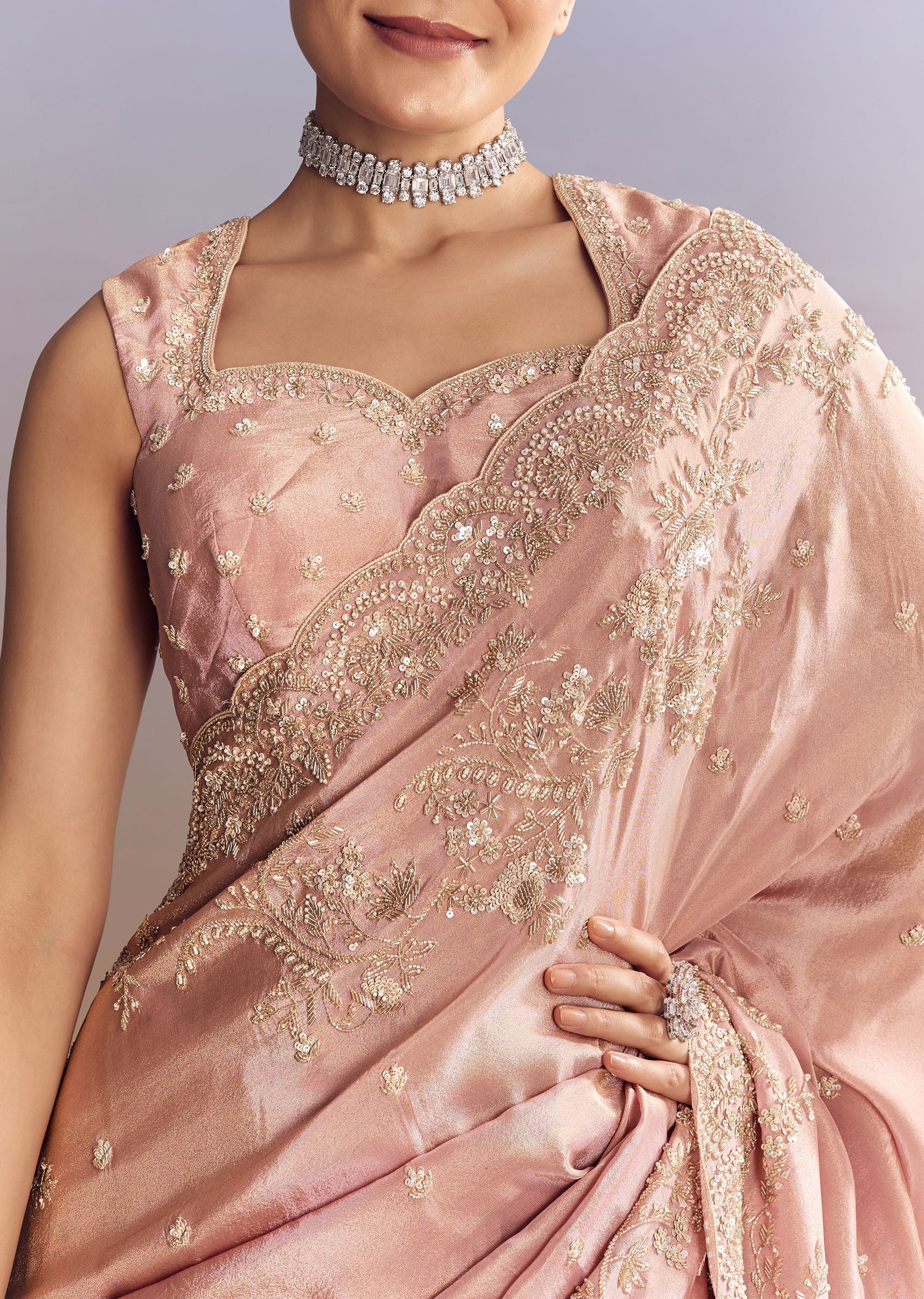 Pink Satin Saree With Scalloped Embroidery - Image 3