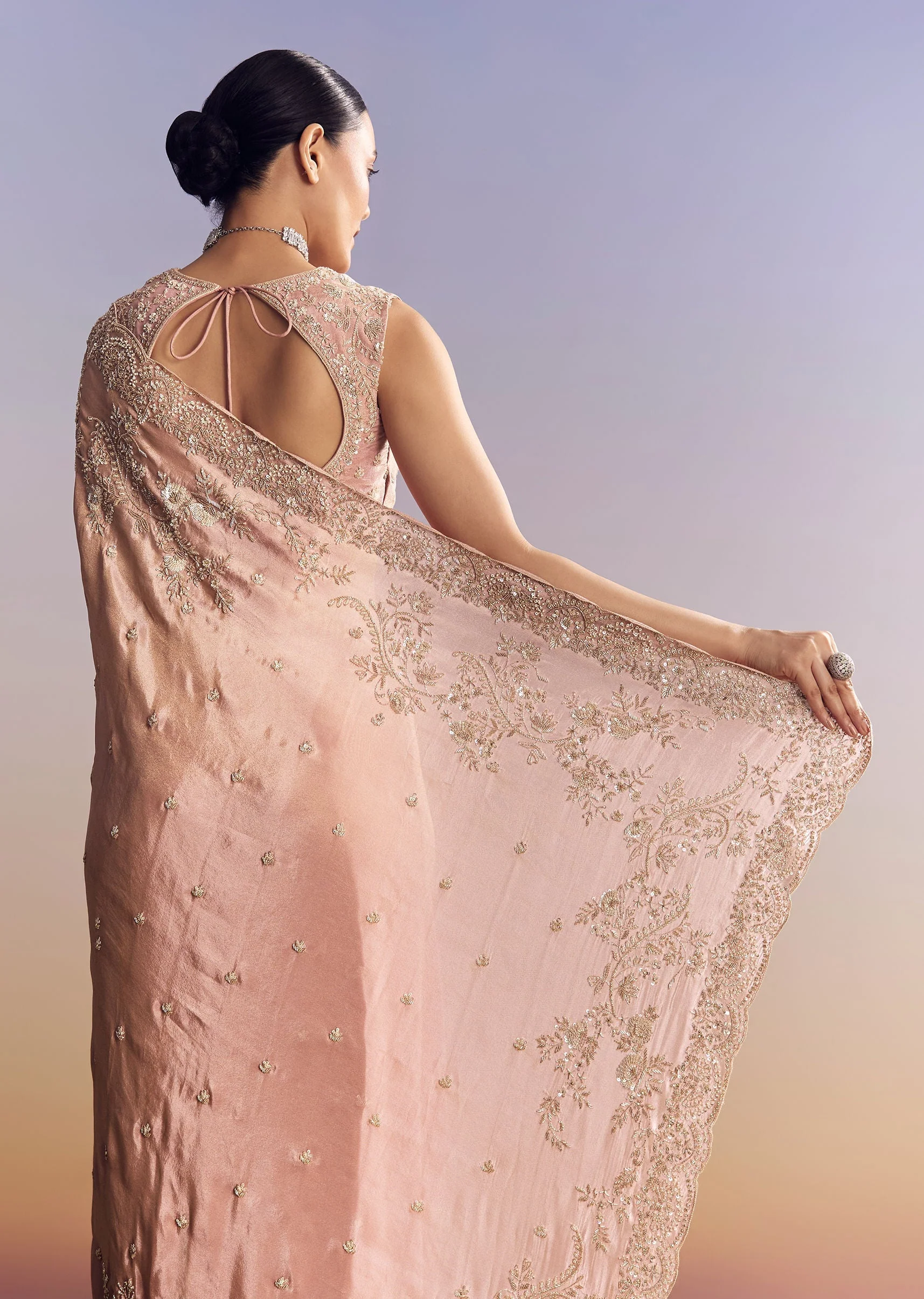 Pink Satin Saree With Scalloped Embroidery - Image 4