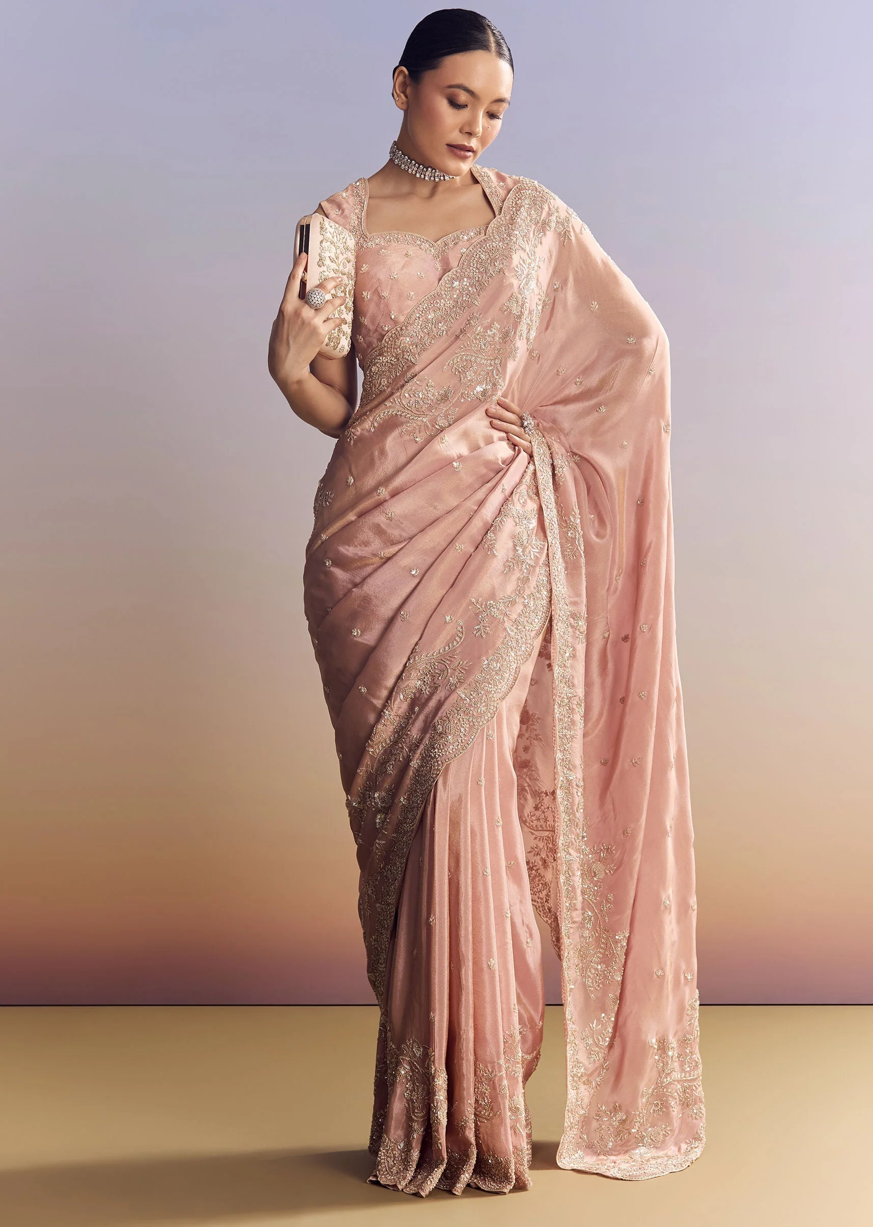 Pink Satin Saree With Scalloped Embroidery - Image 5