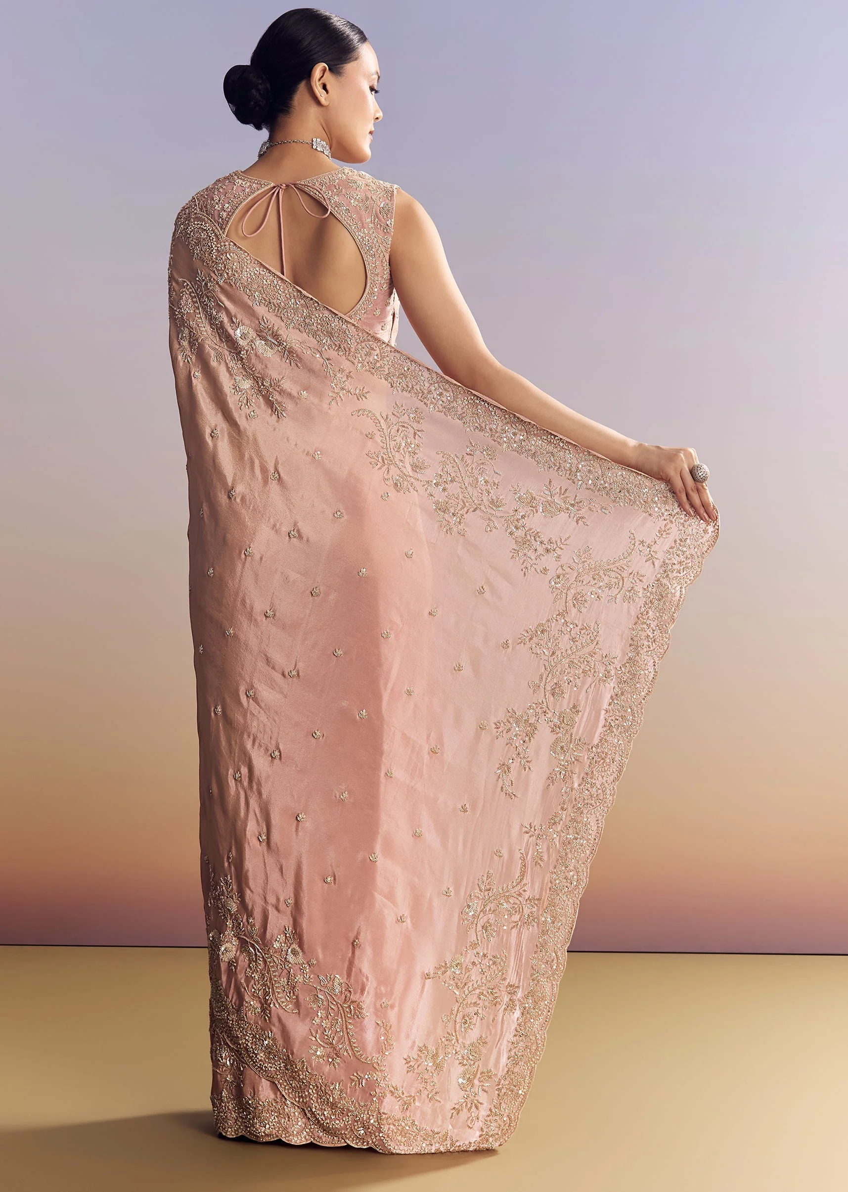 Pink Satin Saree With Scalloped Embroidery - Image 6
