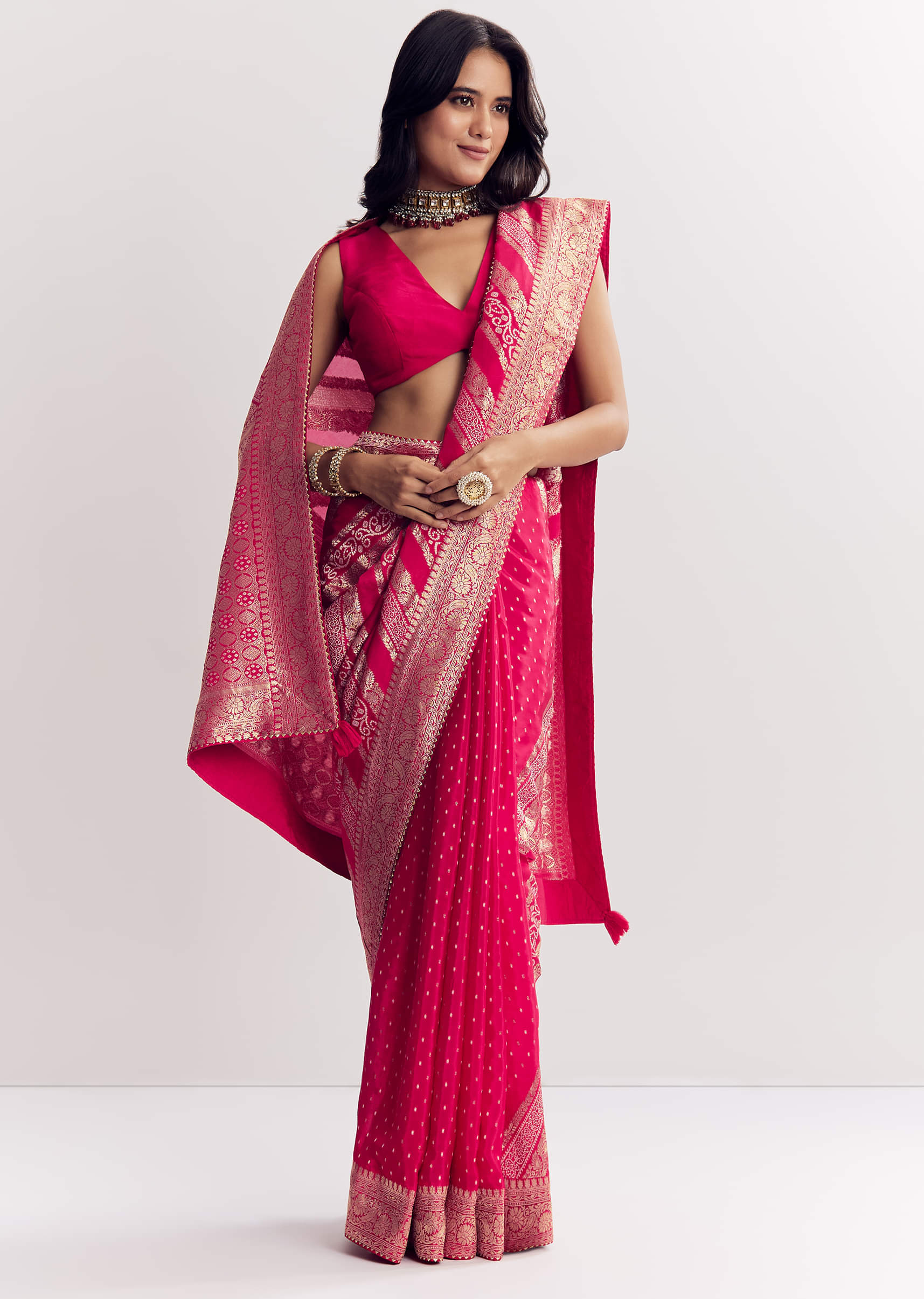 Pink Satin Saree With Zari Vine Design - Image 3