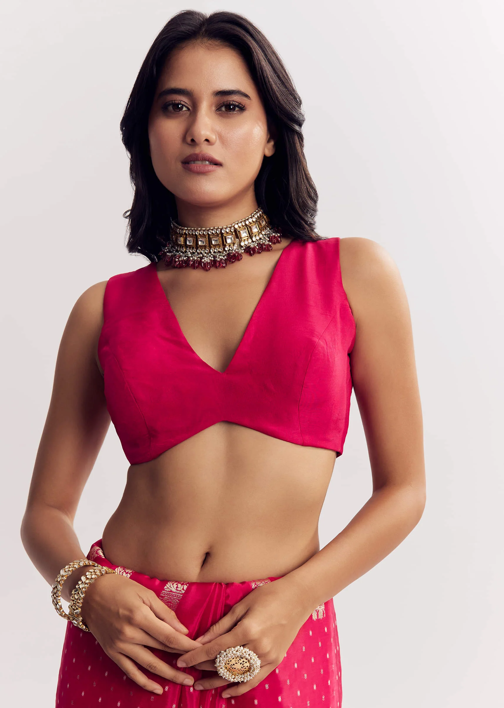 Pink Satin Saree With Zari Vine Design - Image 7
