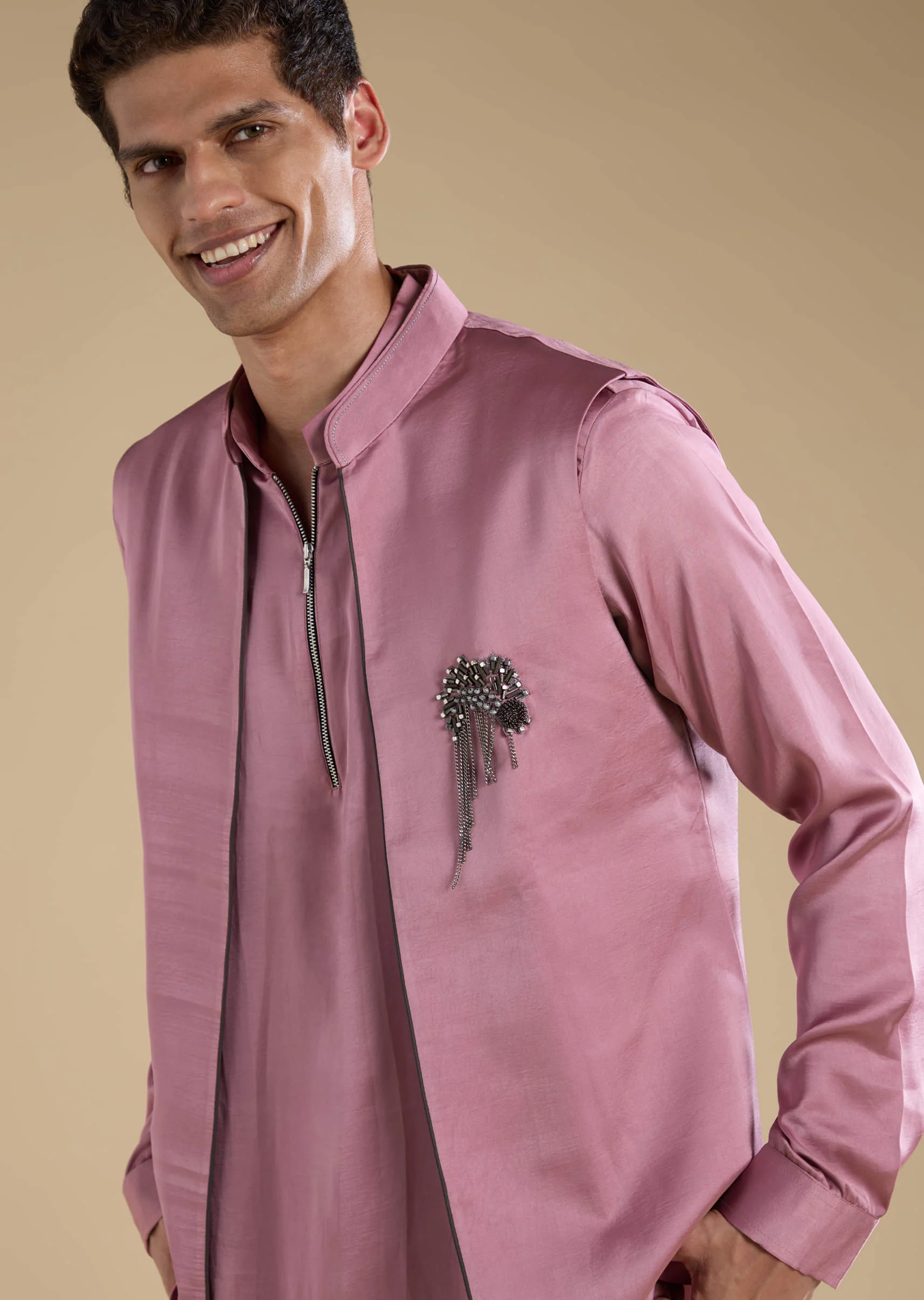 Pink Satin Silk Jacket and Kurta Set with Metal Work - Image 2