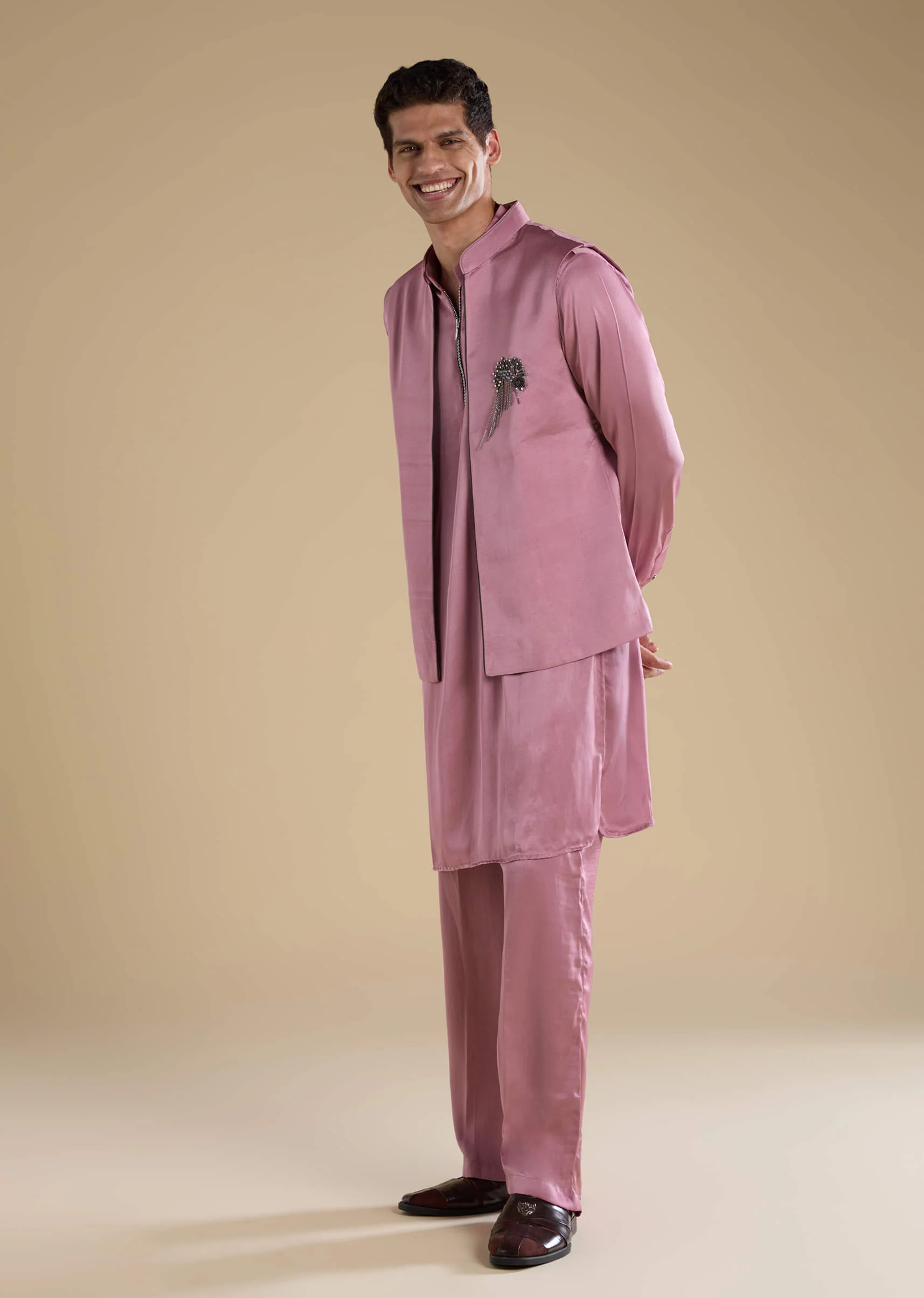 Pink Satin Silk Jacket and Kurta Set with Metal Work - Image 3