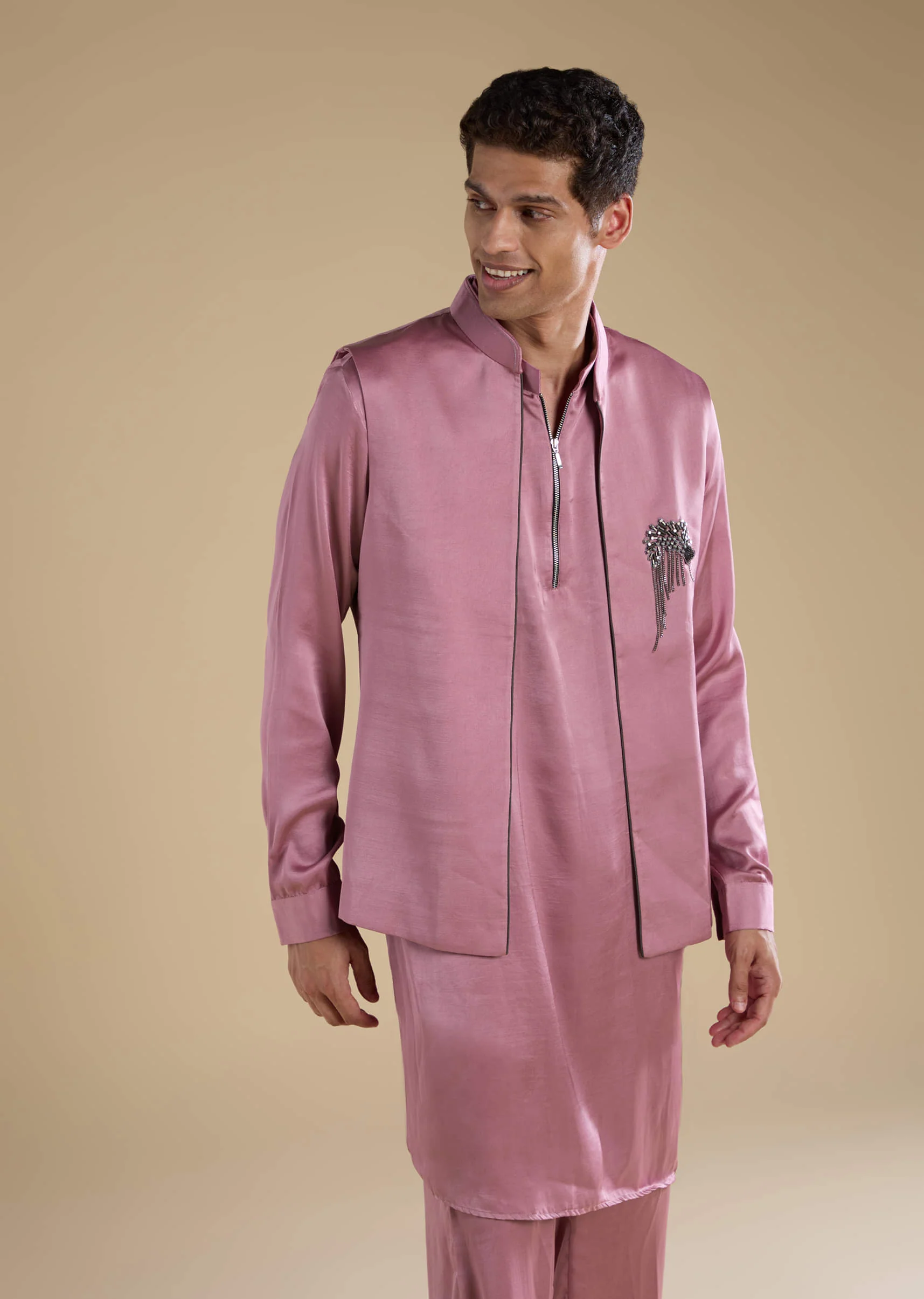 Pink Satin Silk Jacket and Kurta Set with Metal Work - Image 4