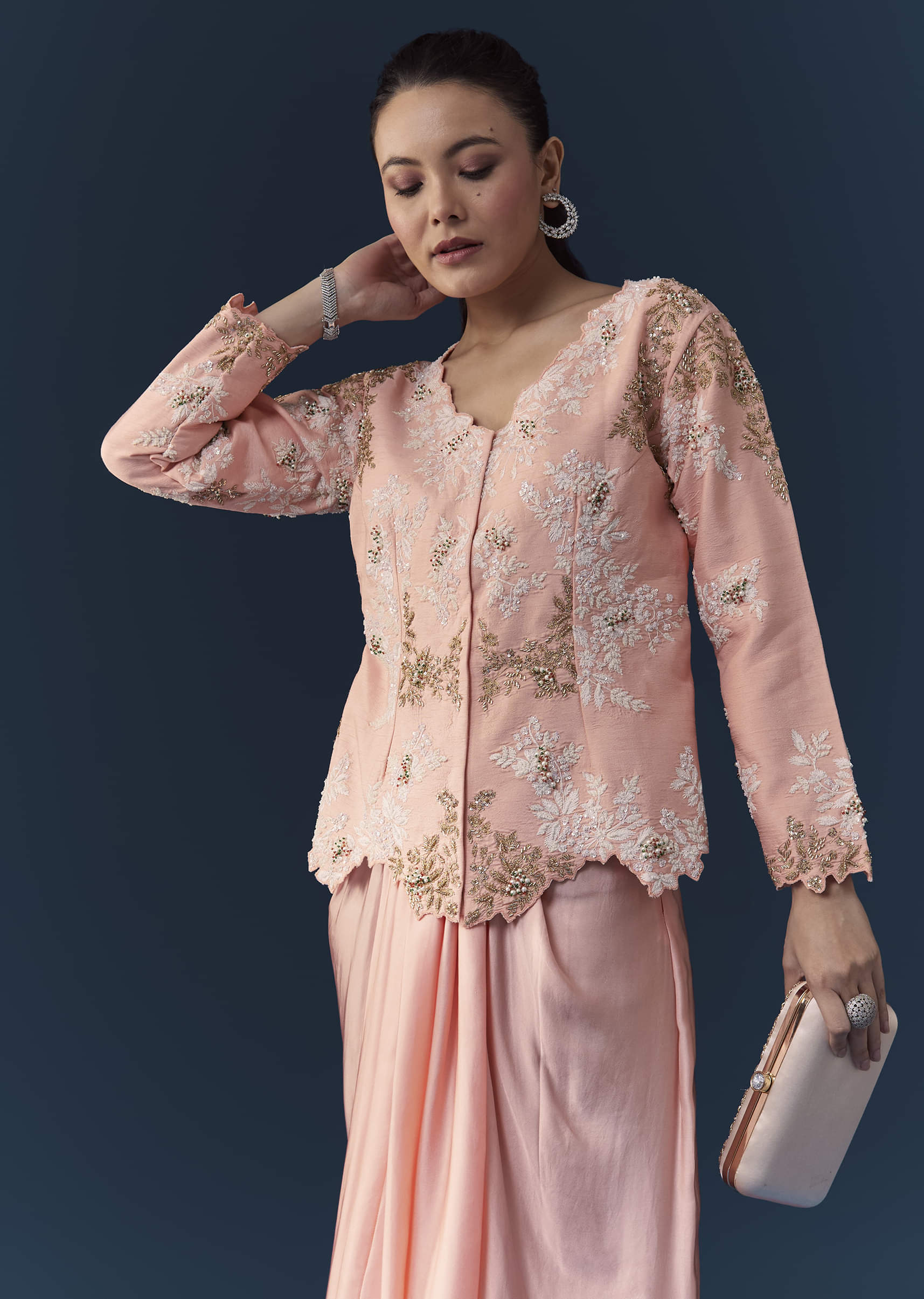 Pink Satin Silk Top Skirt Set with Moti Embellishments - Image 4