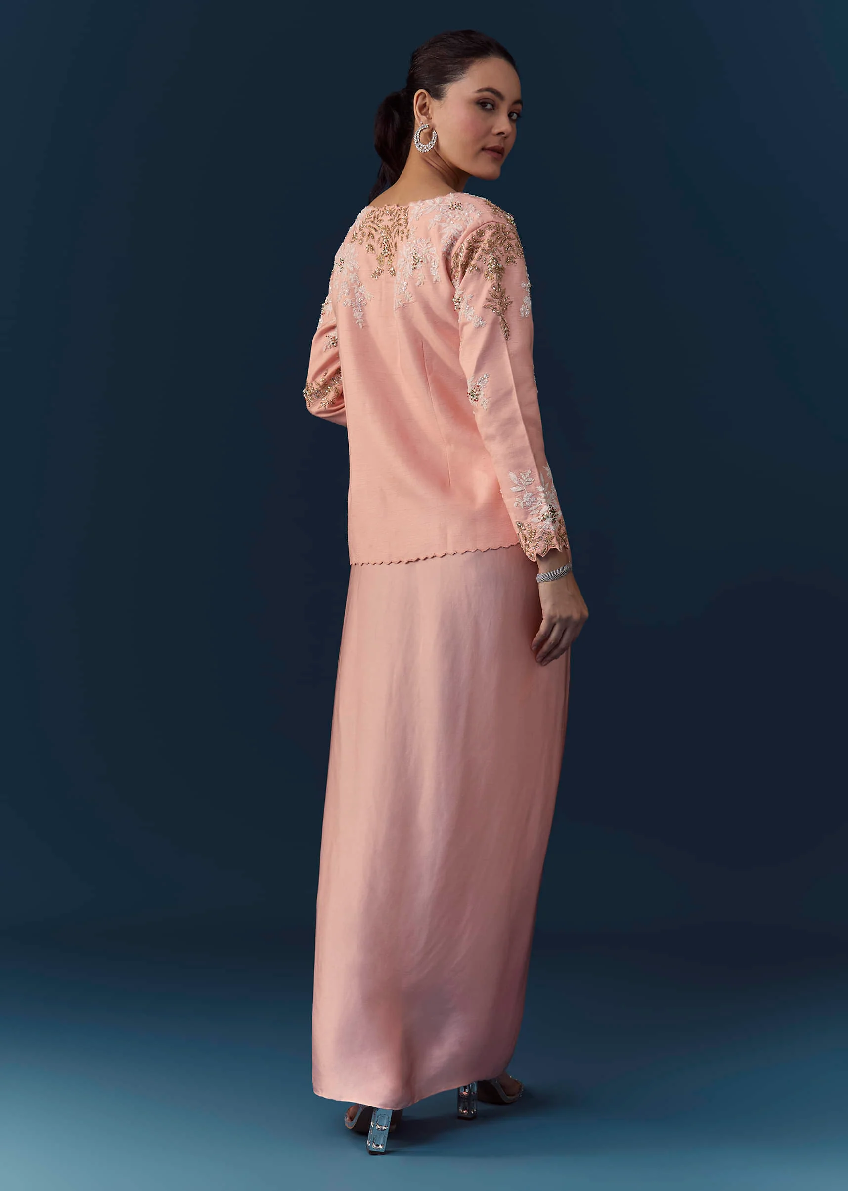 Pink Satin Silk Top Skirt Set with Moti Embellishments - Image 5