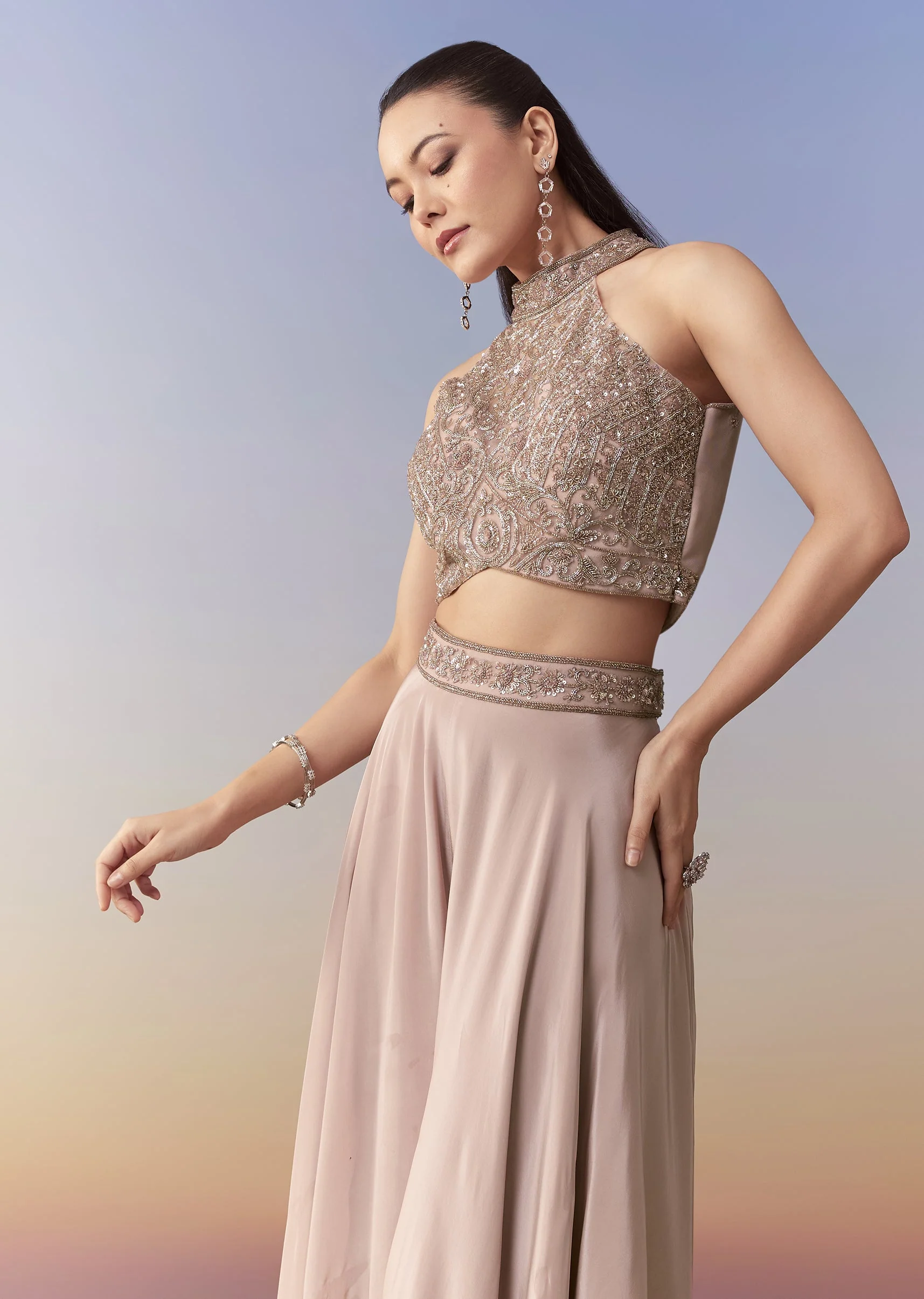 Pink Sequin Embellished Crop Top Palazzo Set - Image 4