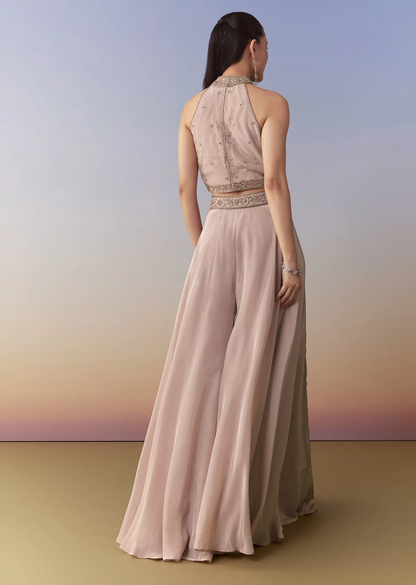 Pink Sequin Embellished Crop Top Palazzo Set - Image 5