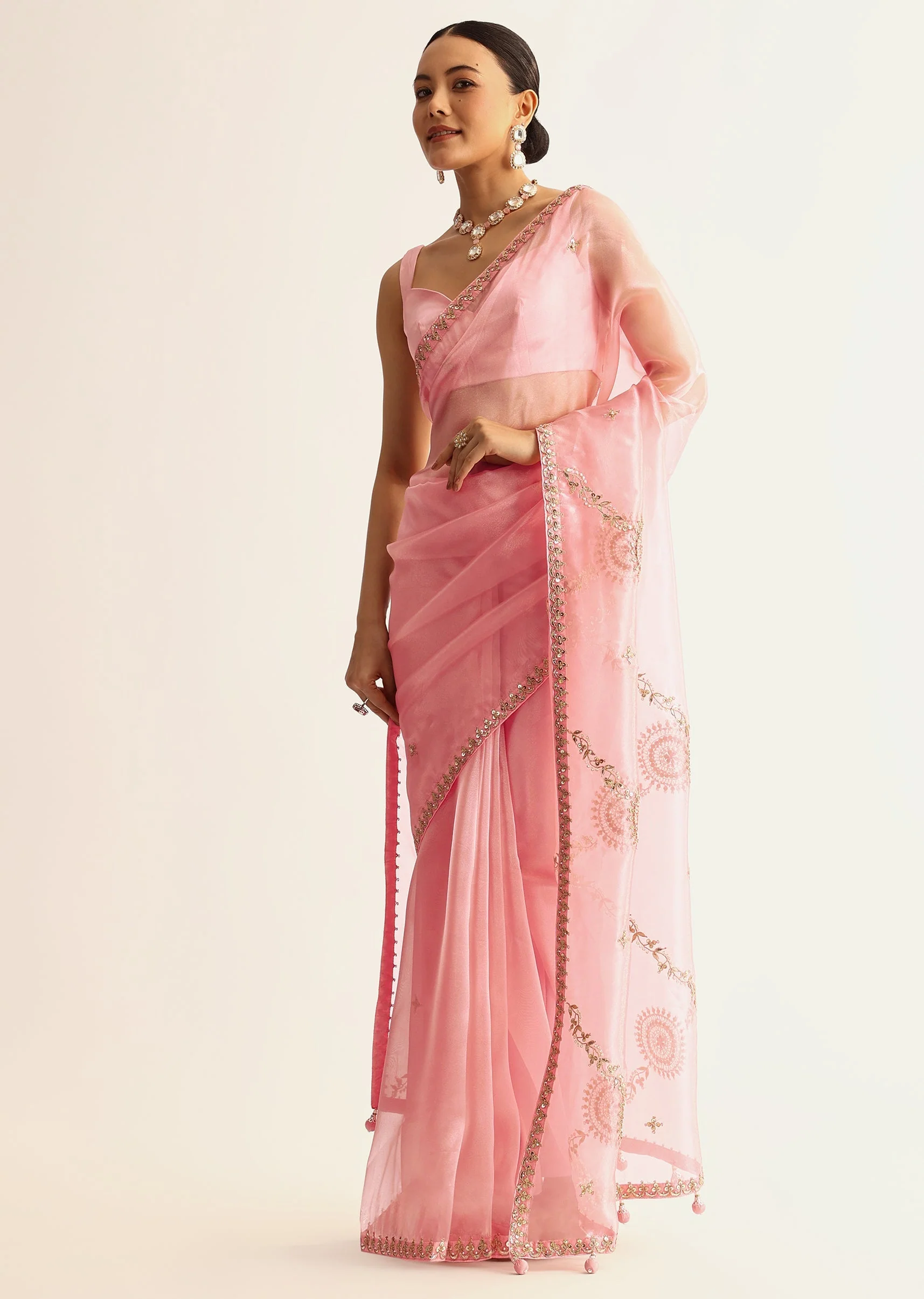 Pink Sequin Embroidered Organza Saree With Gotta Patti Embroidery - Image 10