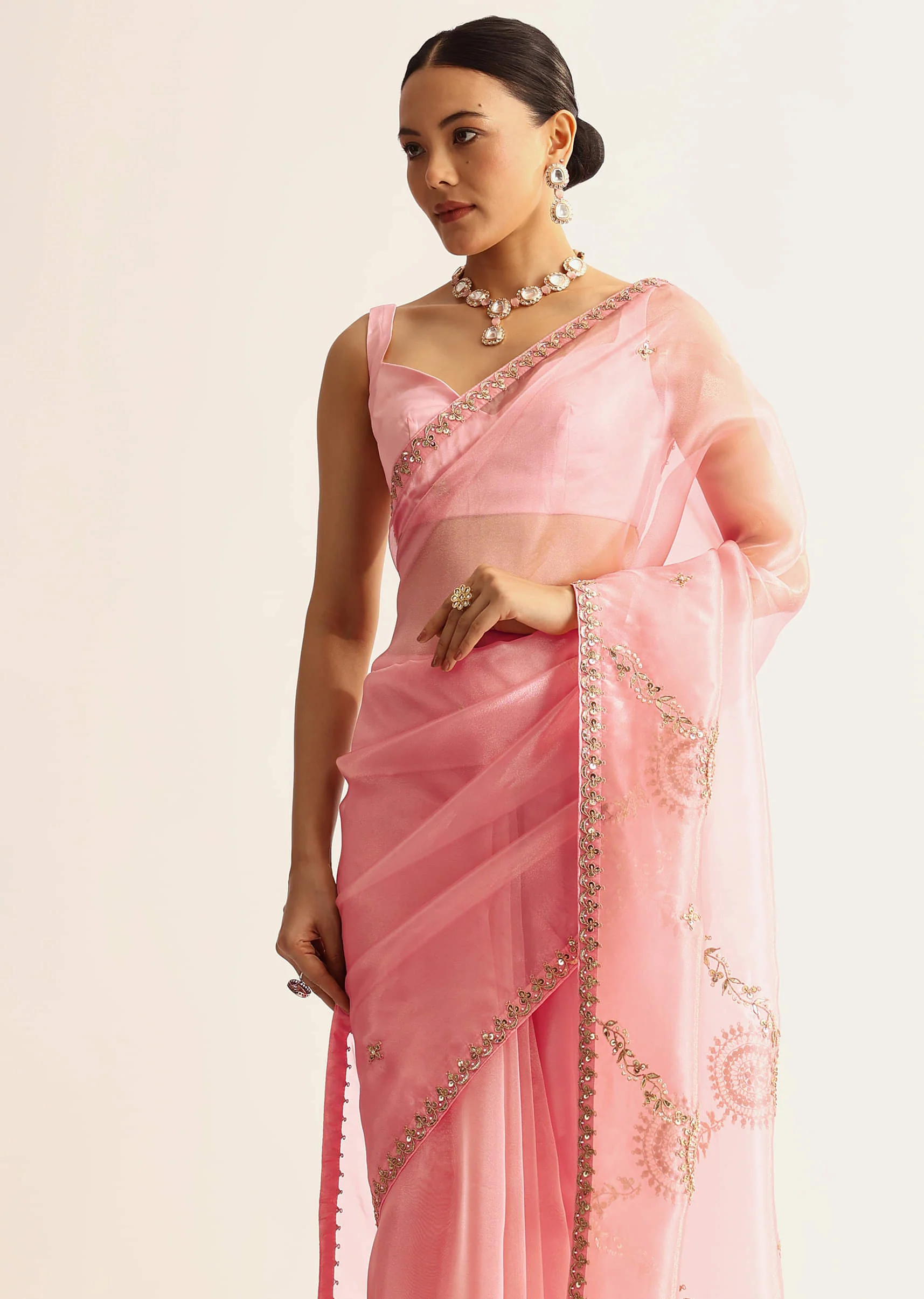 Pink Sequin Embroidered Organza Saree With Gotta Patti Embroidery - Image 5