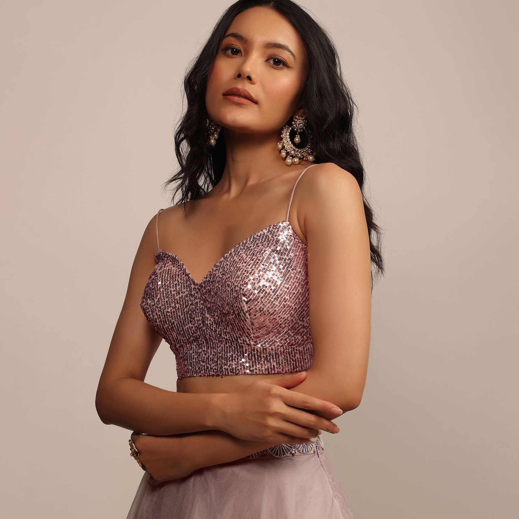Pink Sequins Blouse With V Neckline And Straps - Image 3