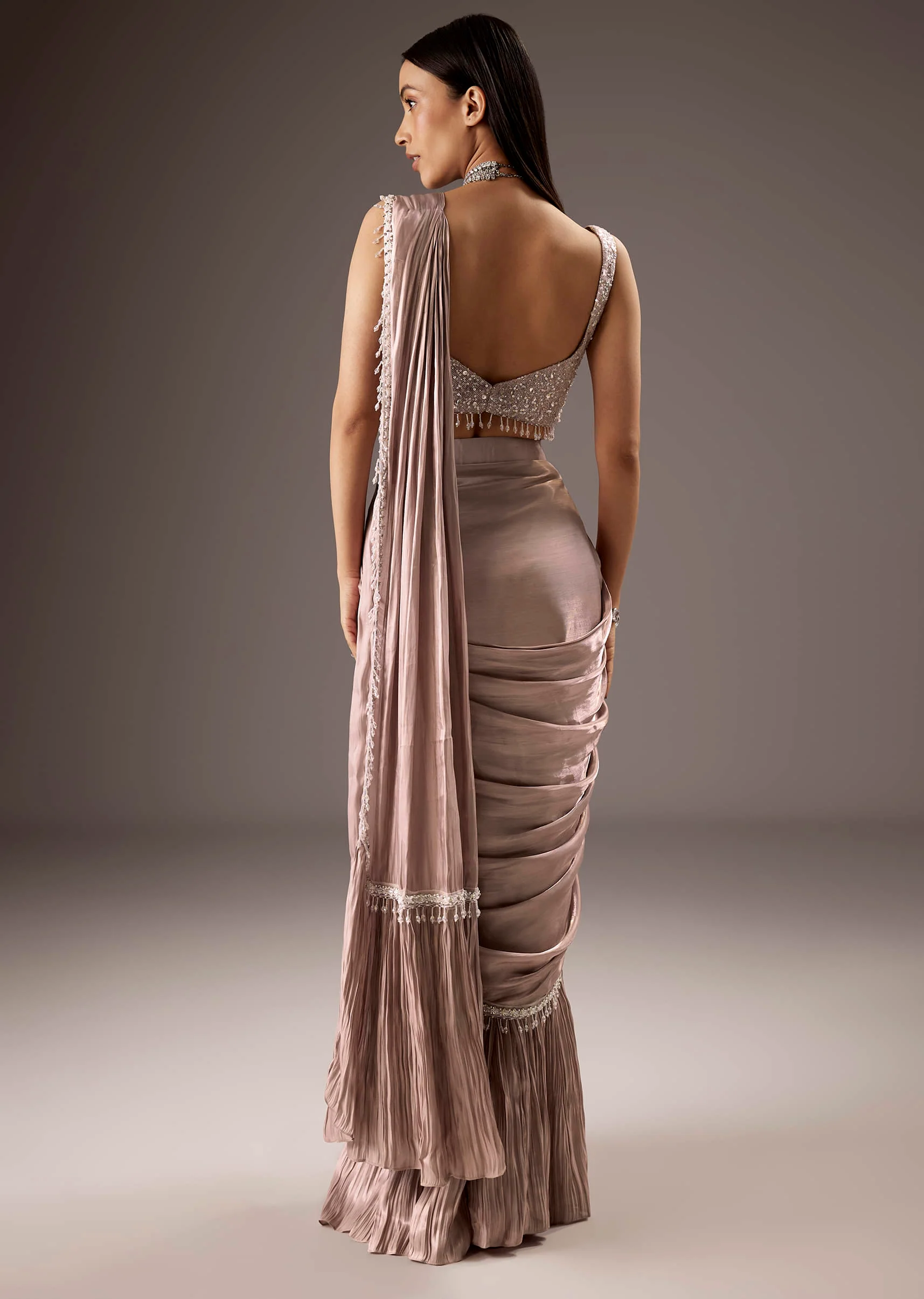 Pink Sequins Saree With Embroidered Blouse - Image 2