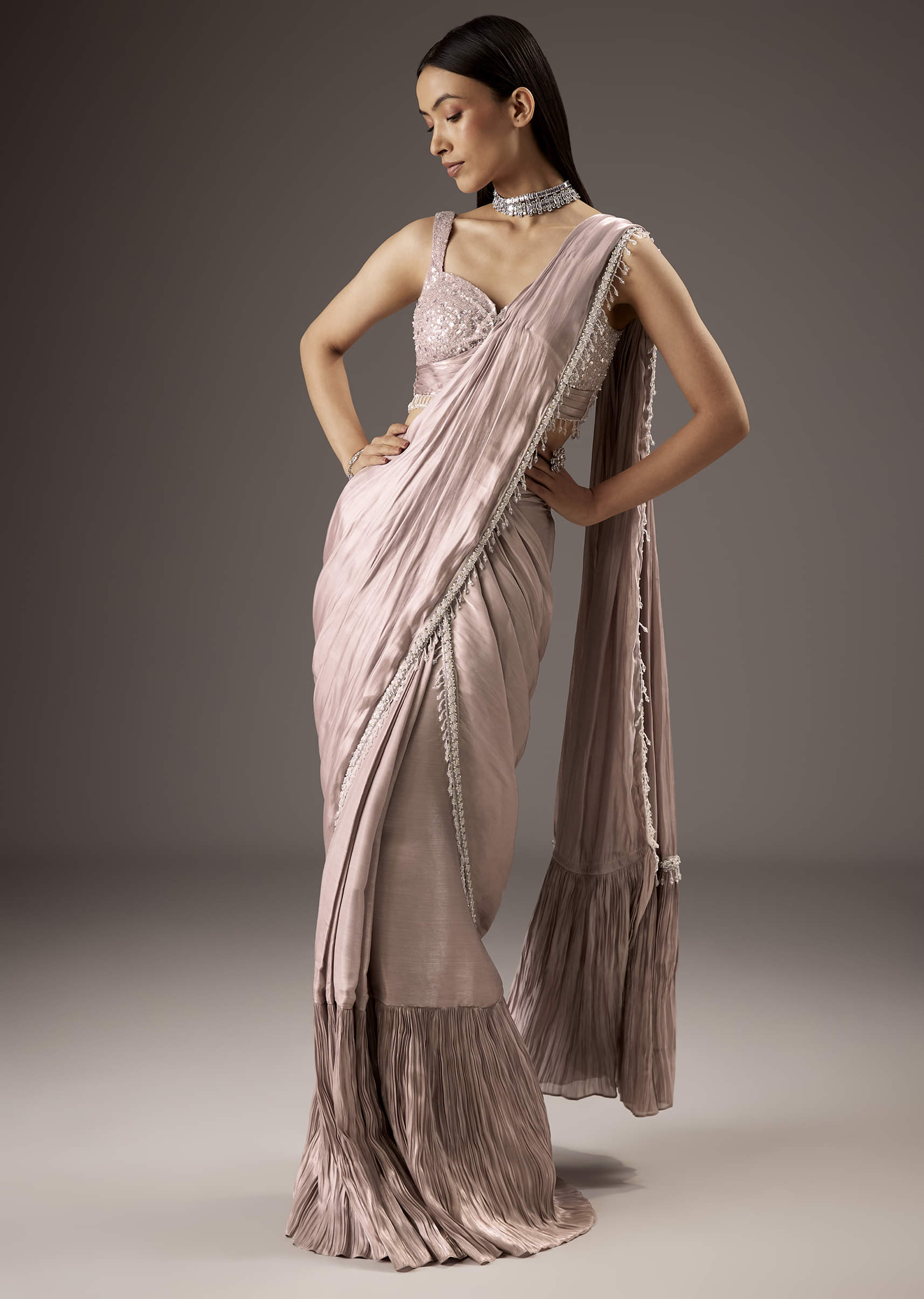 Pink Sequins Saree With Embroidered Blouse - Image 4