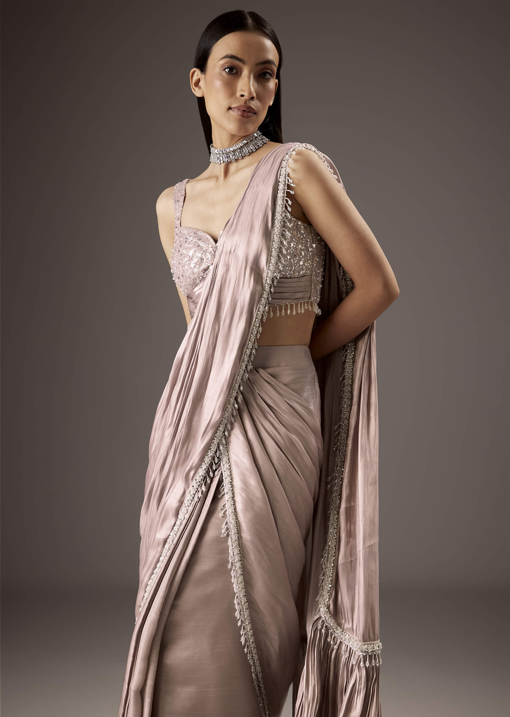 Pink Sequins Saree With Embroidered Blouse - Image 5