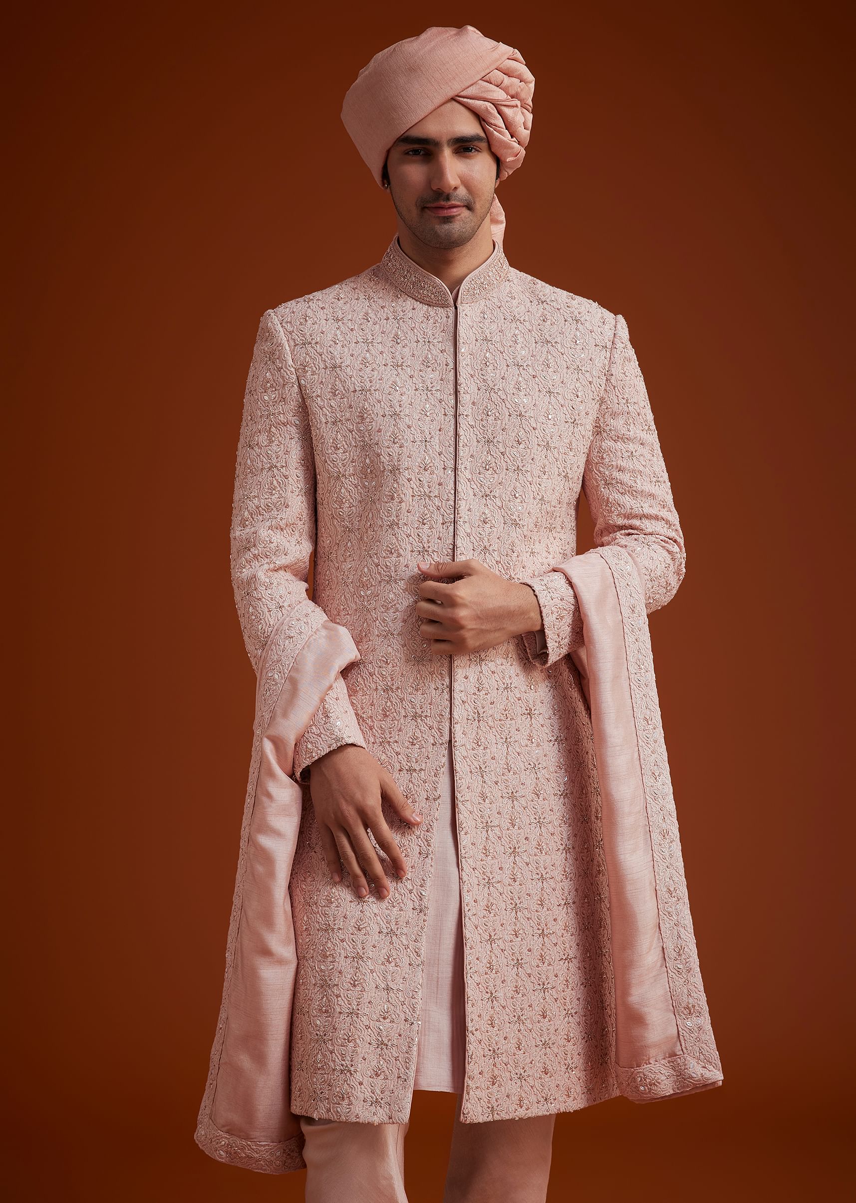 Pink Sherwani Set With Hand Embroidery And Dupatta - Image 4