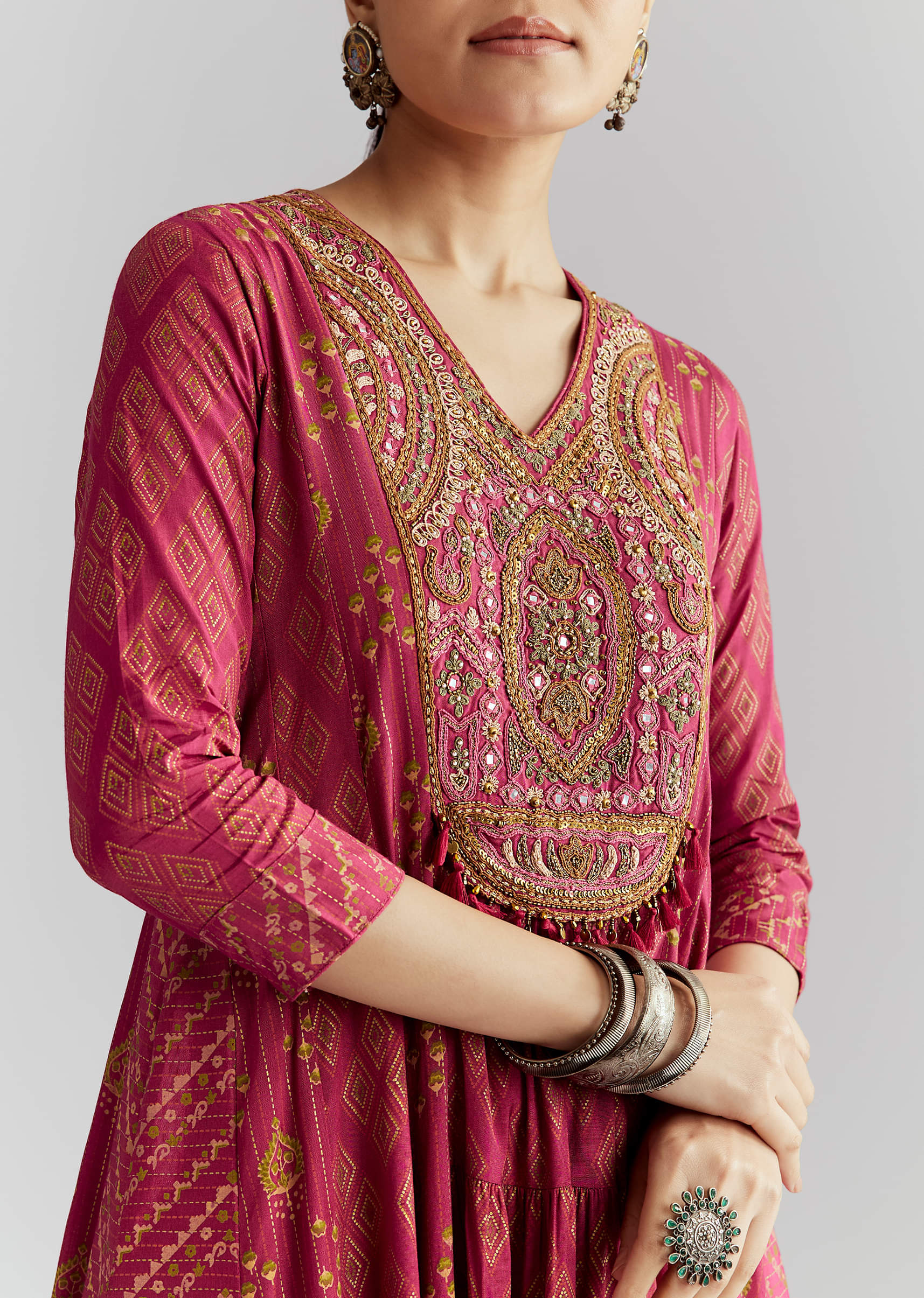 Pink Silk Anarkali Suit With Indie Print And Intricate Embroidery - Image 2
