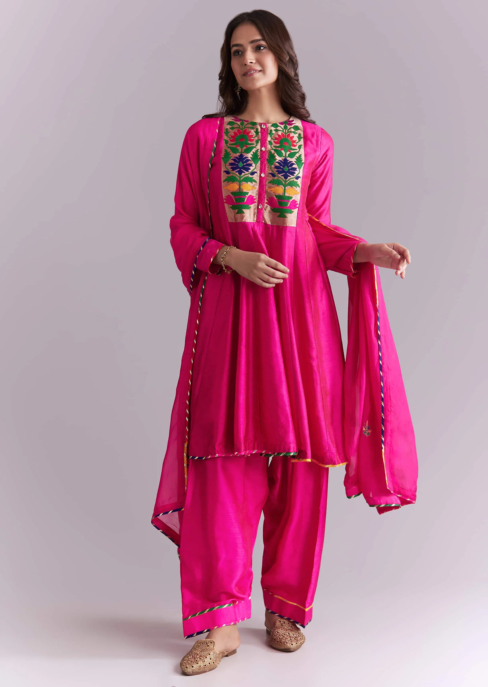 Pink Silk Anarkali Suit With Pathani Patch Work - Image 3