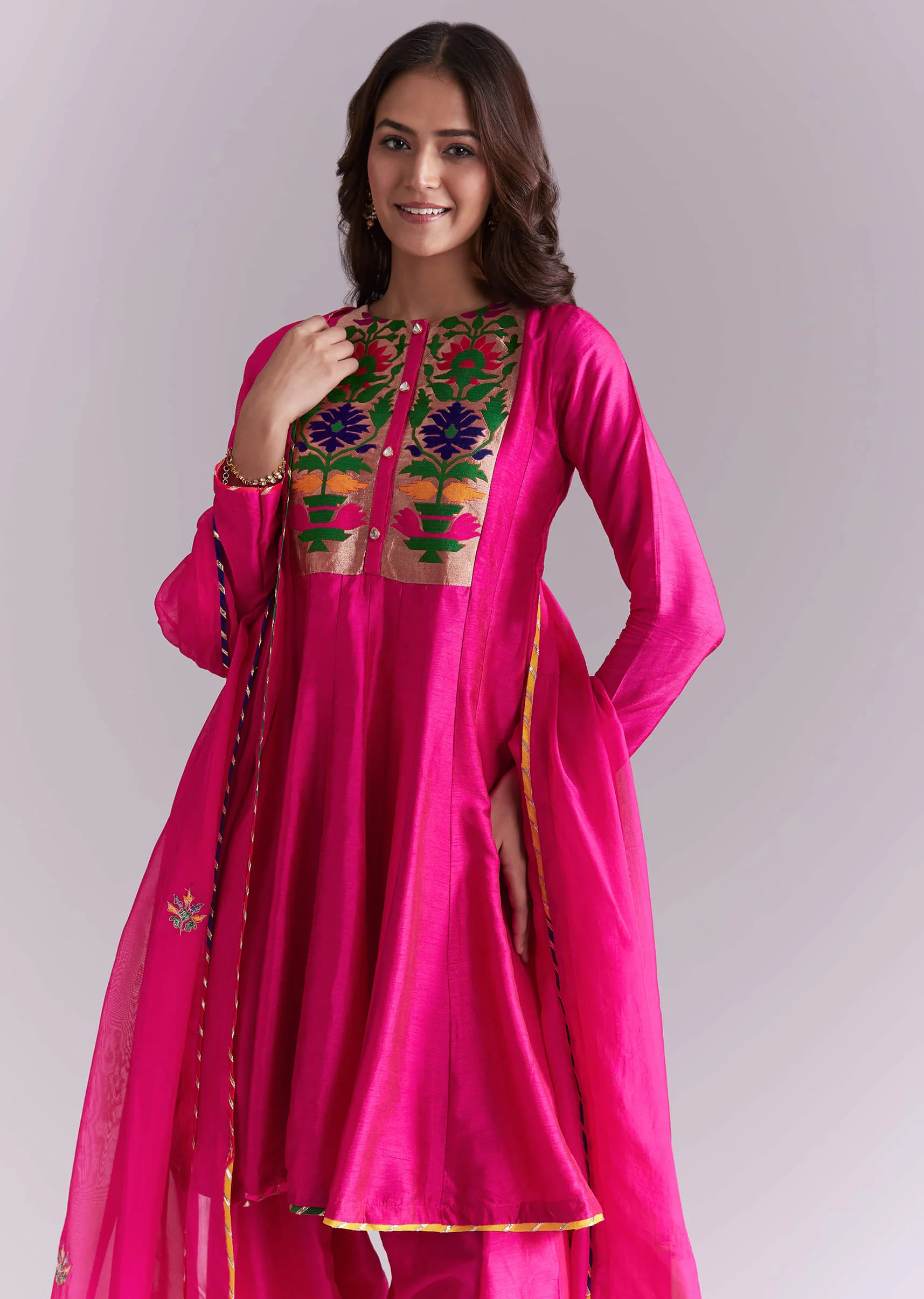 Pink Silk Anarkali Suit With Pathani Patch Work - Image 4