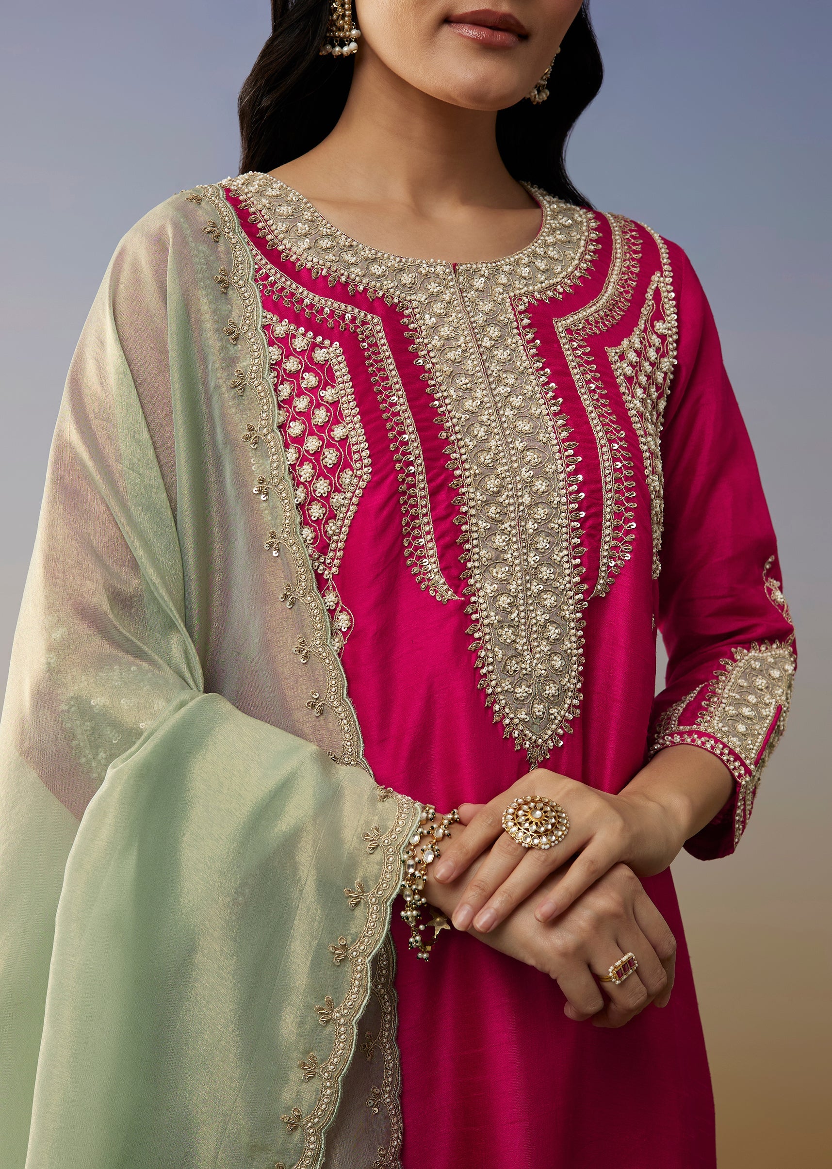 Pink Silk Anarkali Suits with Moti and Sequins Work - Image 2