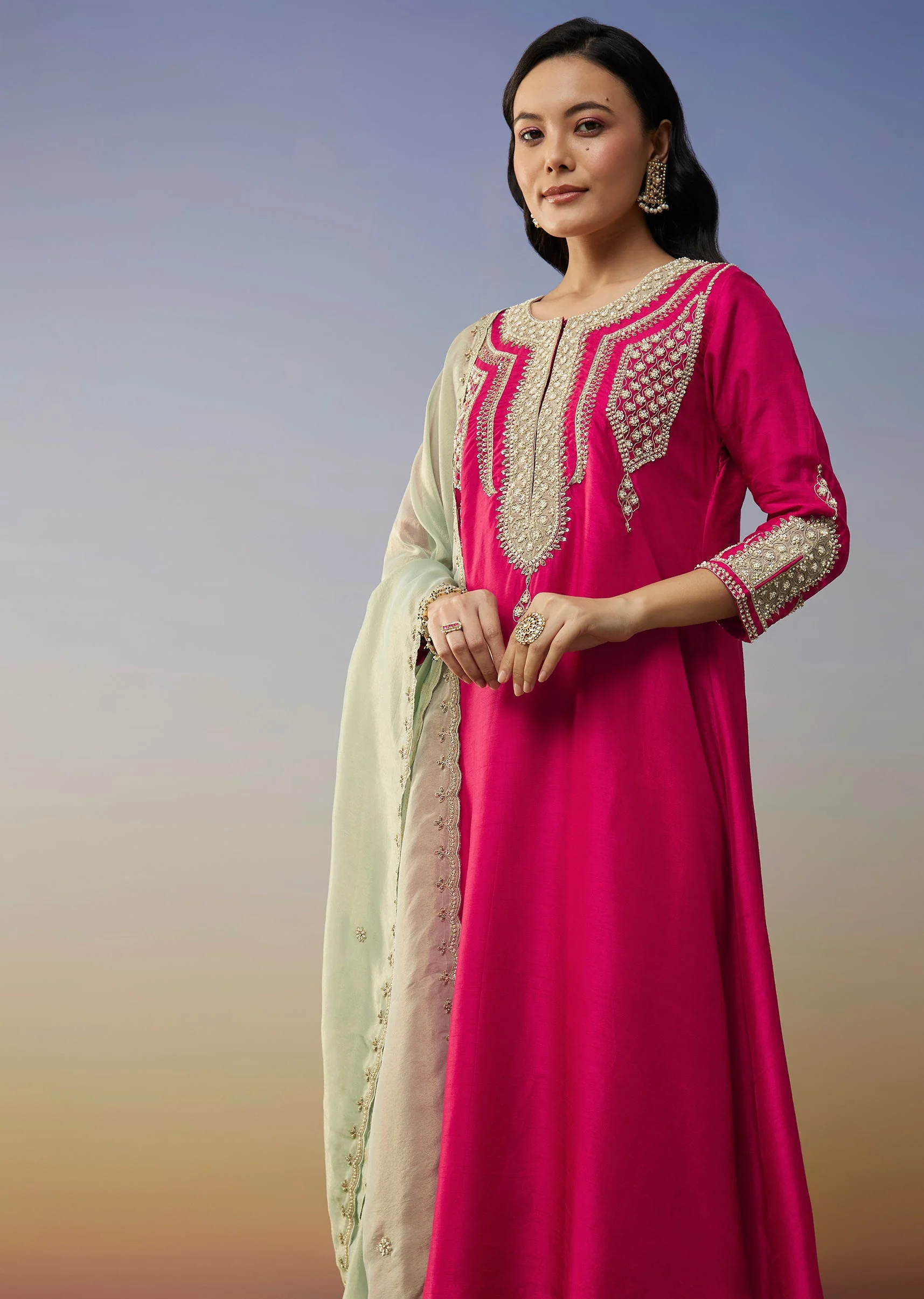 Pink Silk Anarkali Suits with Moti and Sequins Work - Image 4