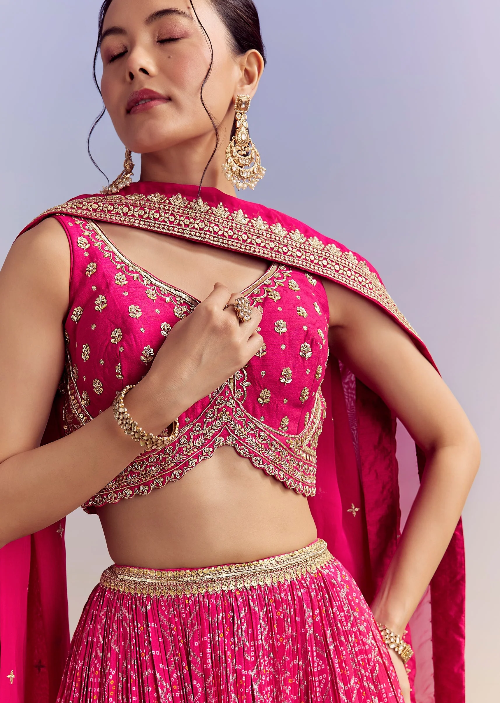 Pink Silk Bandhani Bridesmaid Lehenga With Zardosi Work - Image 3