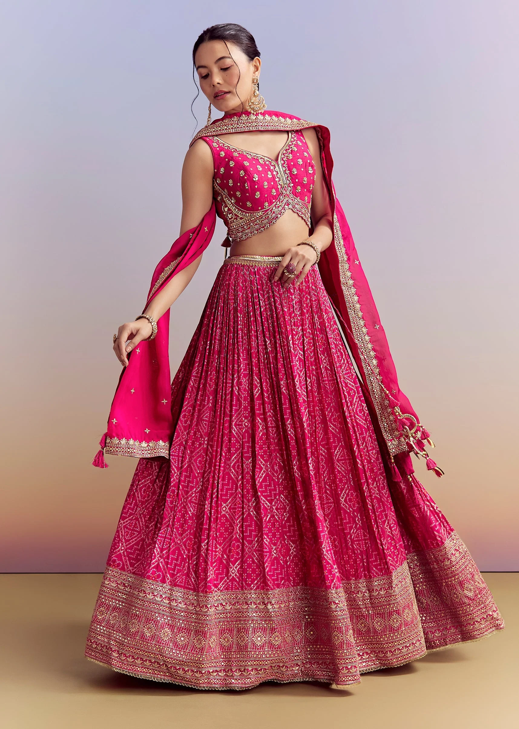 Pink Silk Bandhani Bridesmaid Lehenga With Zardosi Work - Image 4